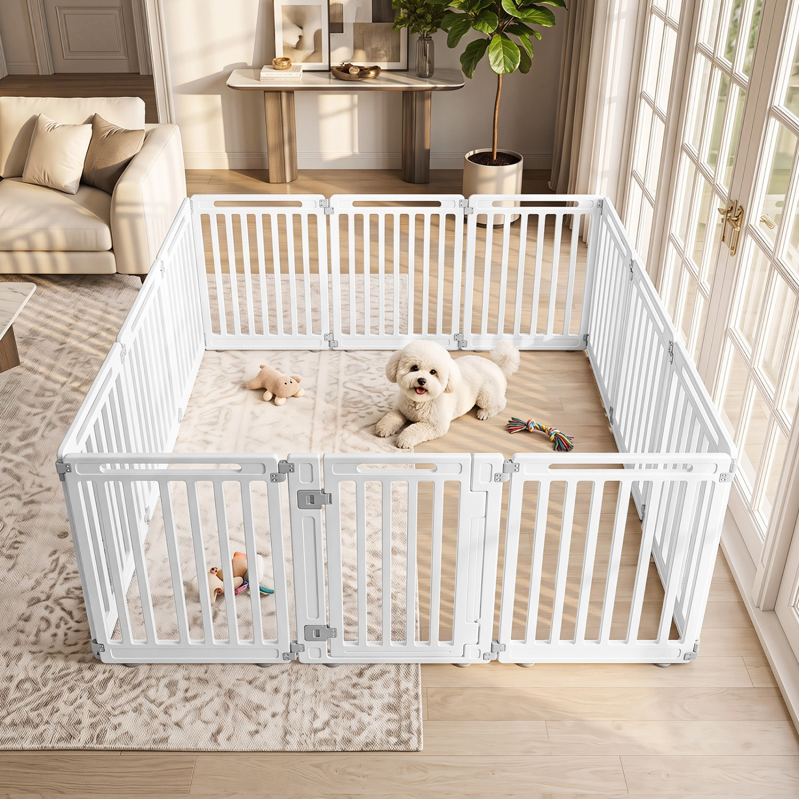 SUGIFT White 31.5-in Indoor Outdoor Dog Playpen with 12 HDPE Panels Double Door Latches and Ground Stakes