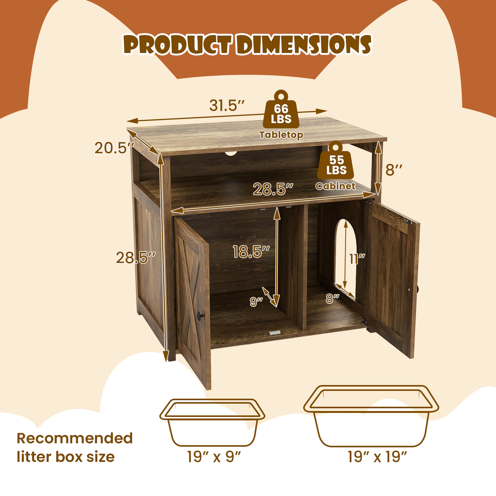SUGIFT Cat Litter Box Enclosure Cabinet with Double Barn Doors Divider Side Entry 66-lb Top 55-lb Interior Oak