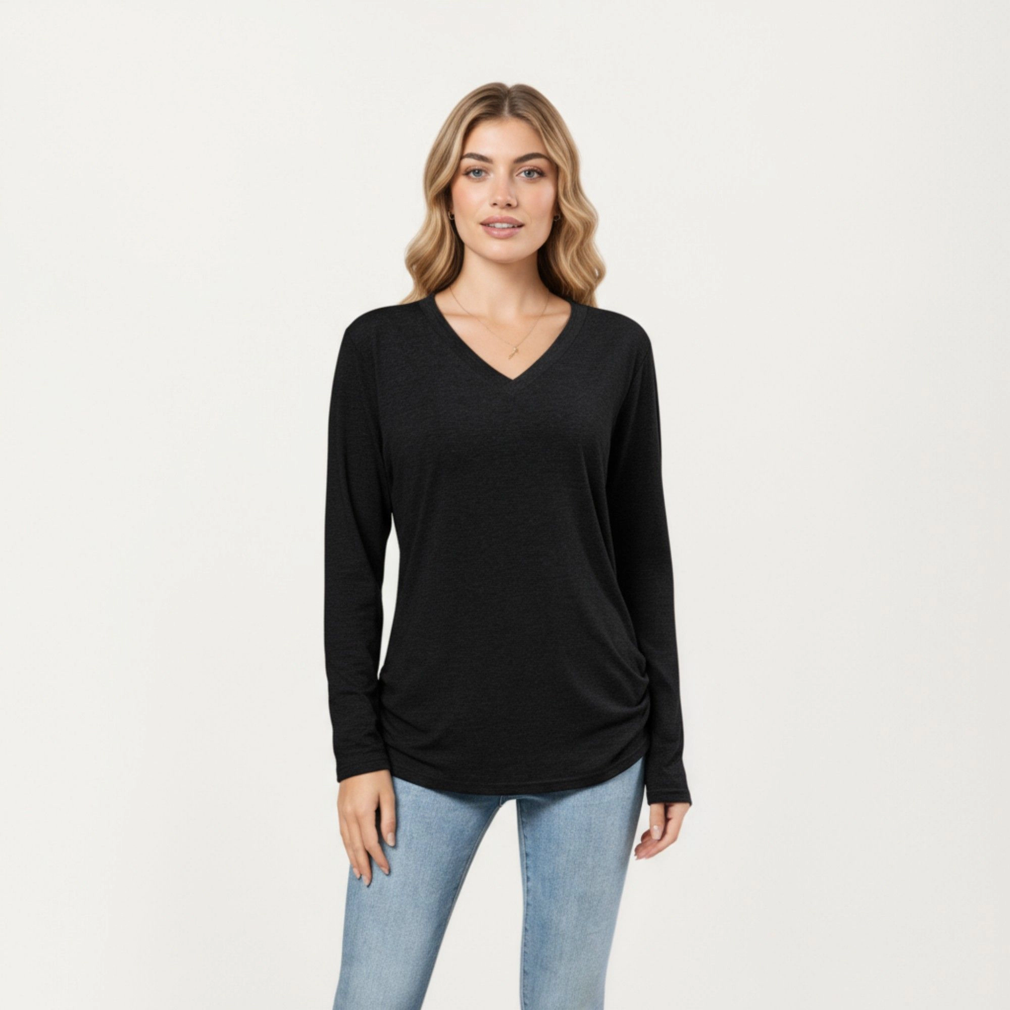 Anna-Kaci Women's V-Neck Ruched Side Relaxed Fit Long Sleeve Top