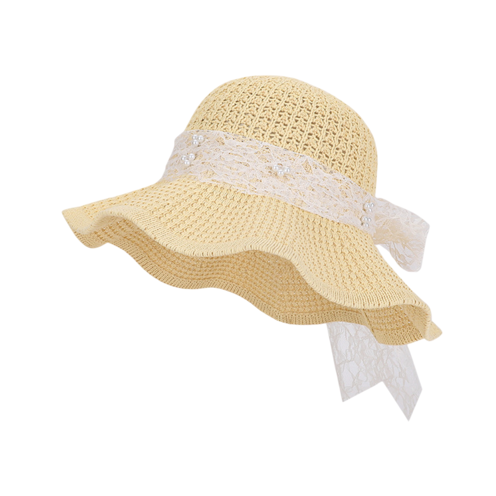 Anna-Kaci Women's Wide Brim Straw Sun Hat with Lace Bow Ribbon Pearl Decoration Summer Beach Protection Floppy