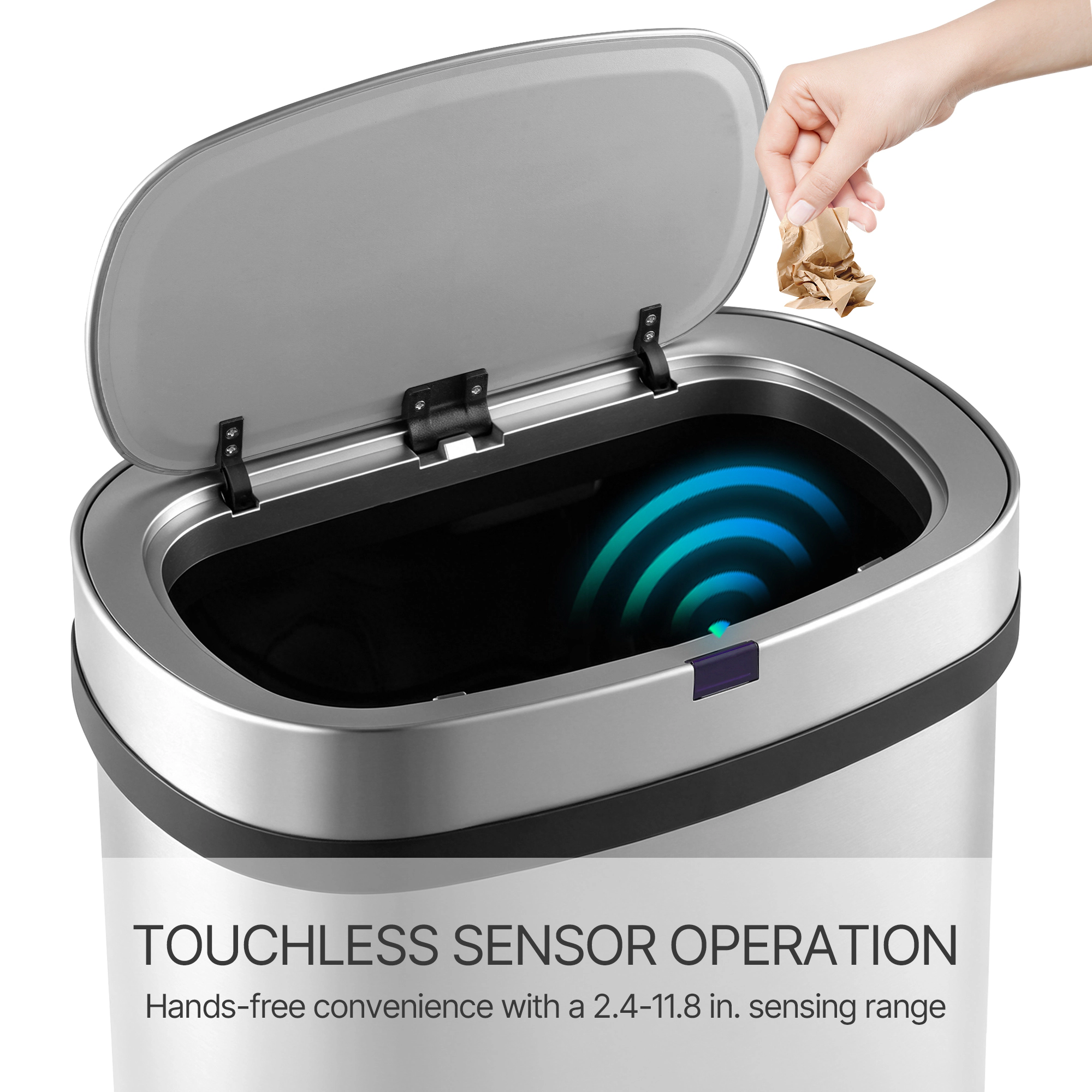 Innovaze 18 Gal. Touchless Motion Sensor Stainless Steel Kitchen Trash Can, Oval Design, Includes 26 Trash Bags, Silver