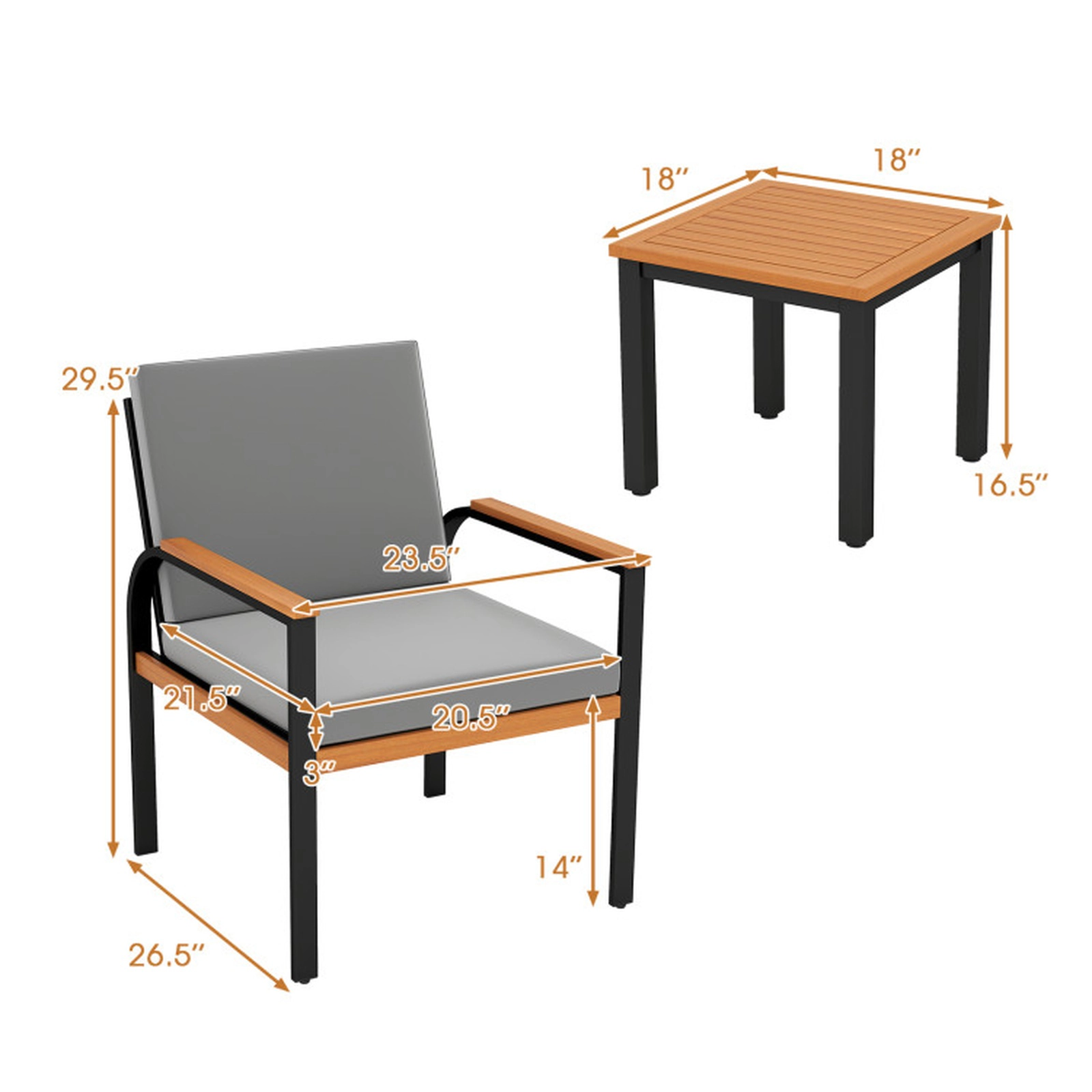 SUGIFT 3-Piece Acacia Wood Patio Conversation Set with 2 Cushioned Chairs and Slatted Side Table