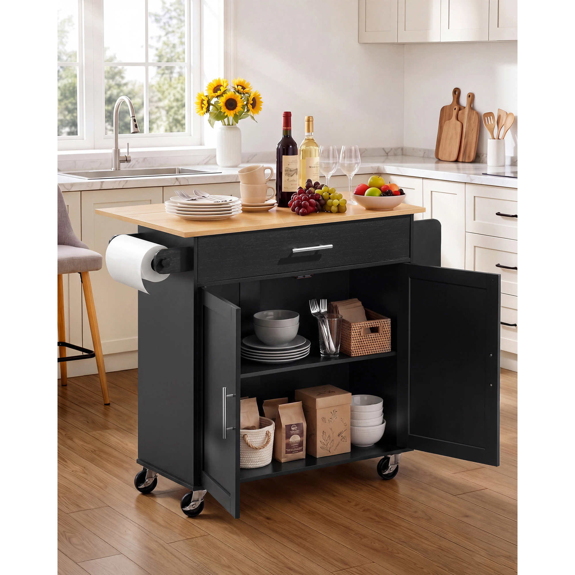 HONGGE Kitchen Island Cart with Storage 42.28 Wide Mobile Rolling on Swivel Wheels Drawer