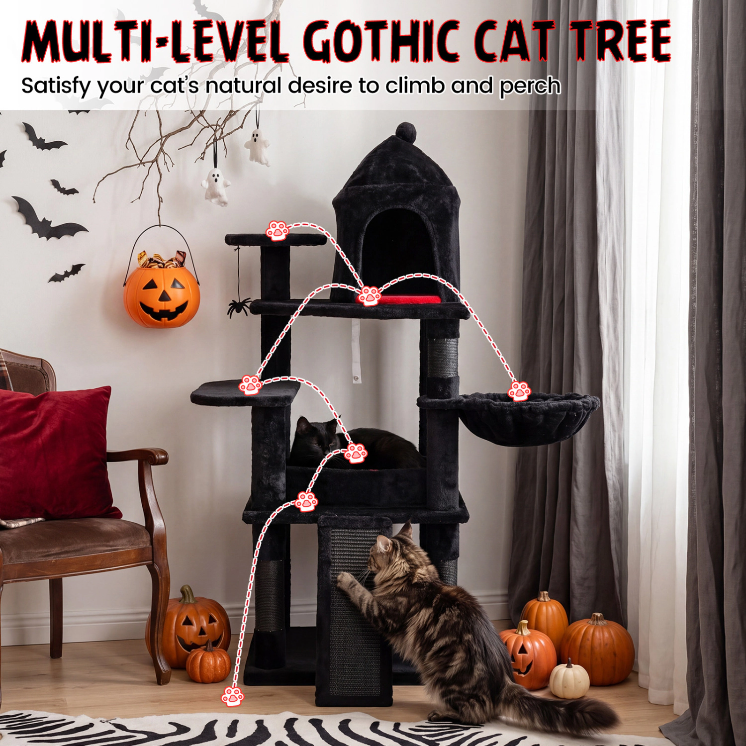 LJG 50 Inch Gothic Multi-Level Cat Tree with House for Indoor Cats