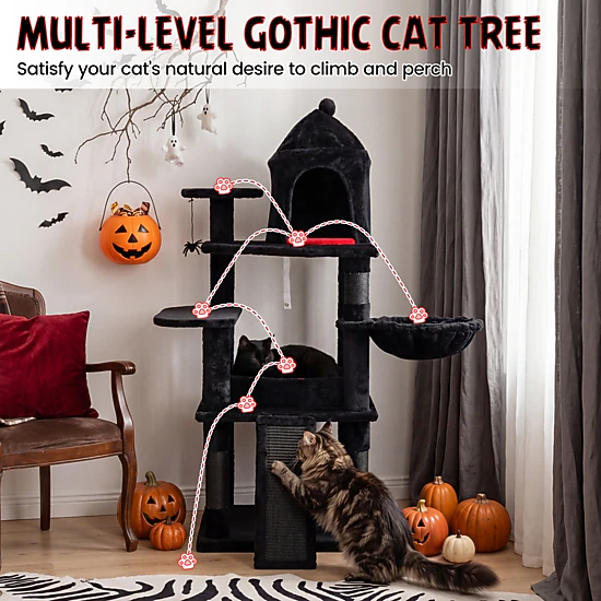 LJG 50 Inch Gothic Multi-Level Cat Tree with House for Indoor Cats ...