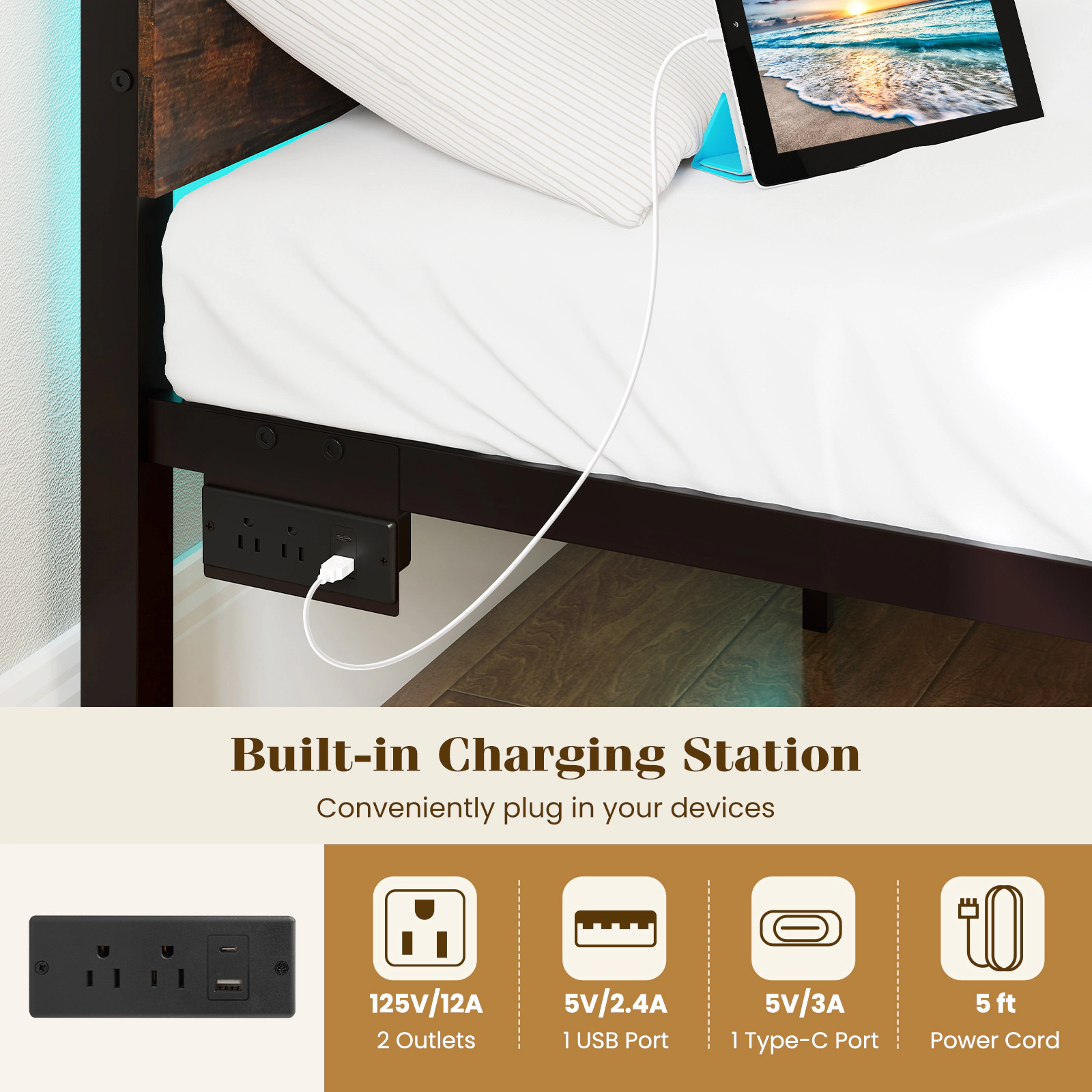SUGIFT Metal Slats Support Bed Frame with LED Lighting & Charging Station 880-lb Capacity Rustic Brown + Black