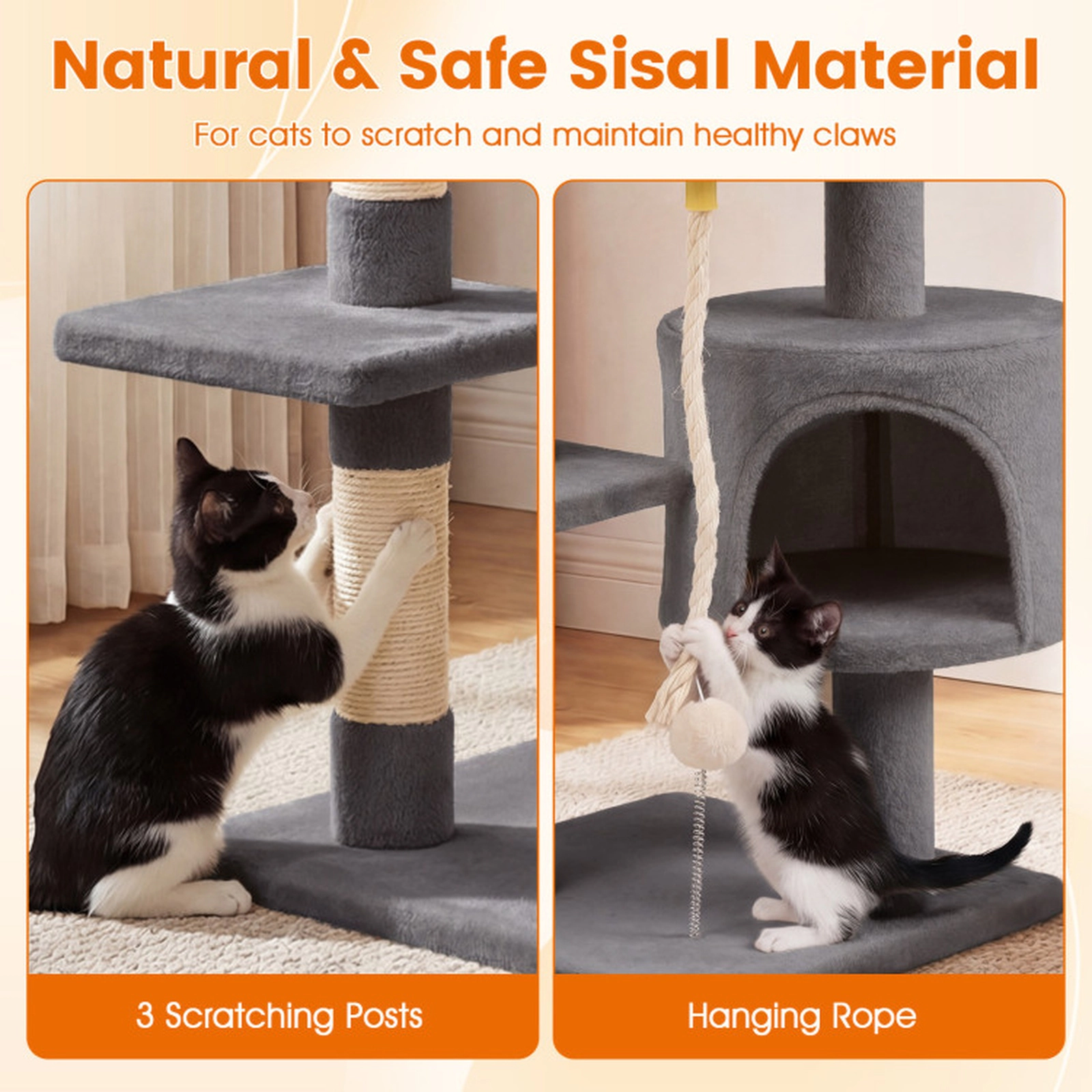 SUGIFT 36-in Light Gray Kitten Cat Tree Tower with Plush Top Perch Sisal Posts and Soft Condo for Indoor Cats