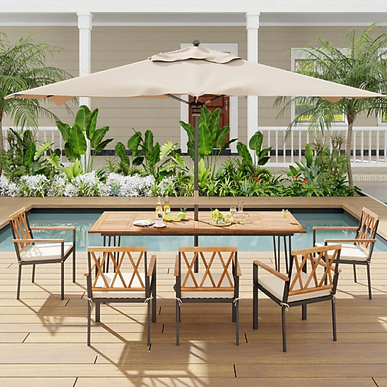 Hivvago 86.5 Inch Rectangular Patio Dining Table For 8 With Acacia Wood Tabletop And Umbrella Hole-86.5 Inches