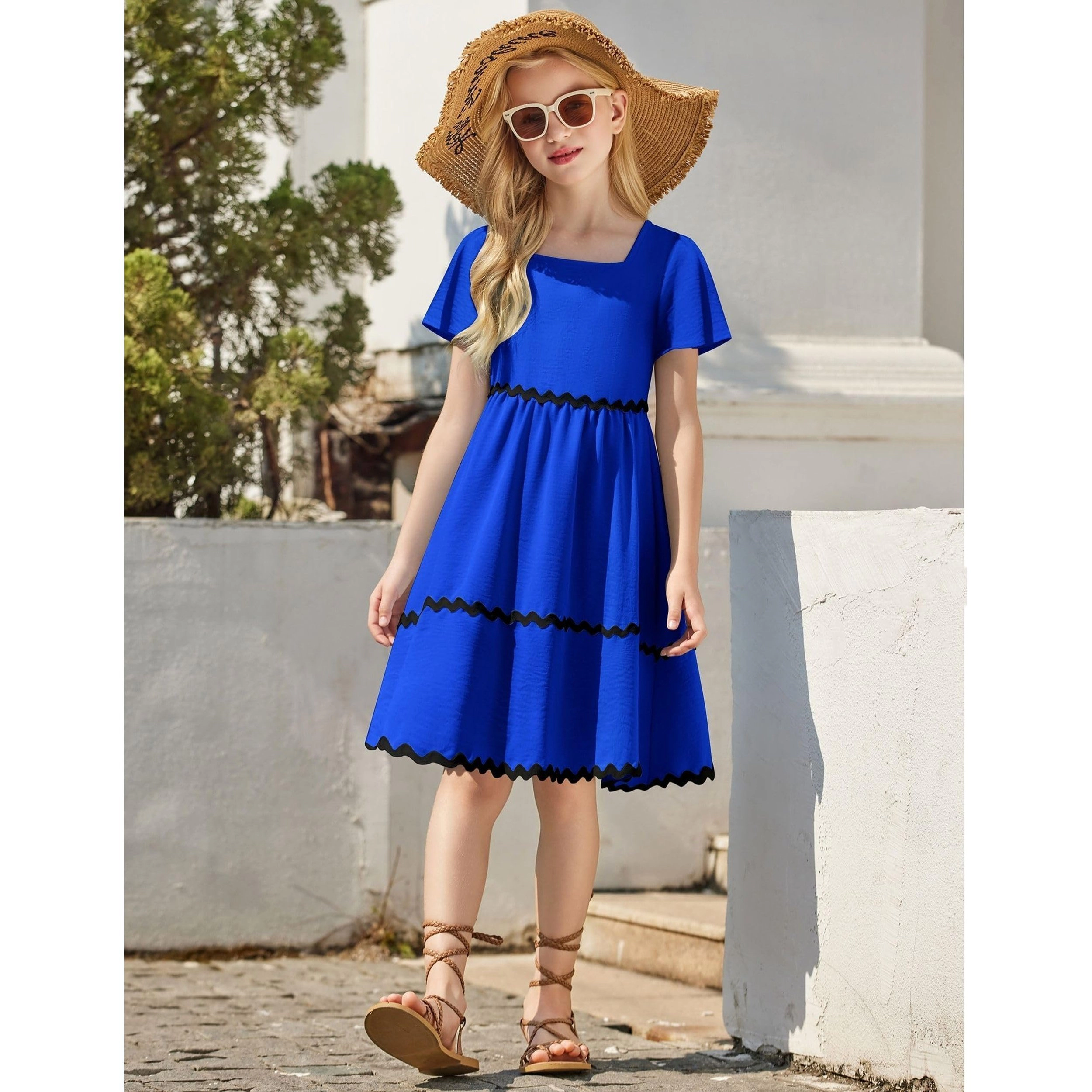 Arshiner Girls Summer Dress Flutter Ric Rac Tiered Short Sleeve Square Neck Casual Midi Dresses