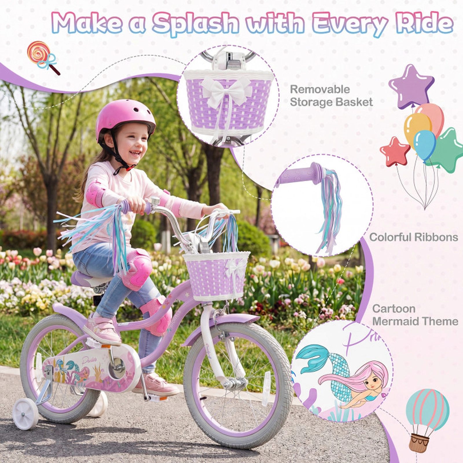 SUGIFT Adjustable 16-in Kids Bike with Training Wheels 110-lb Capacity Ages 4-7 Purple with Basket and Streamers