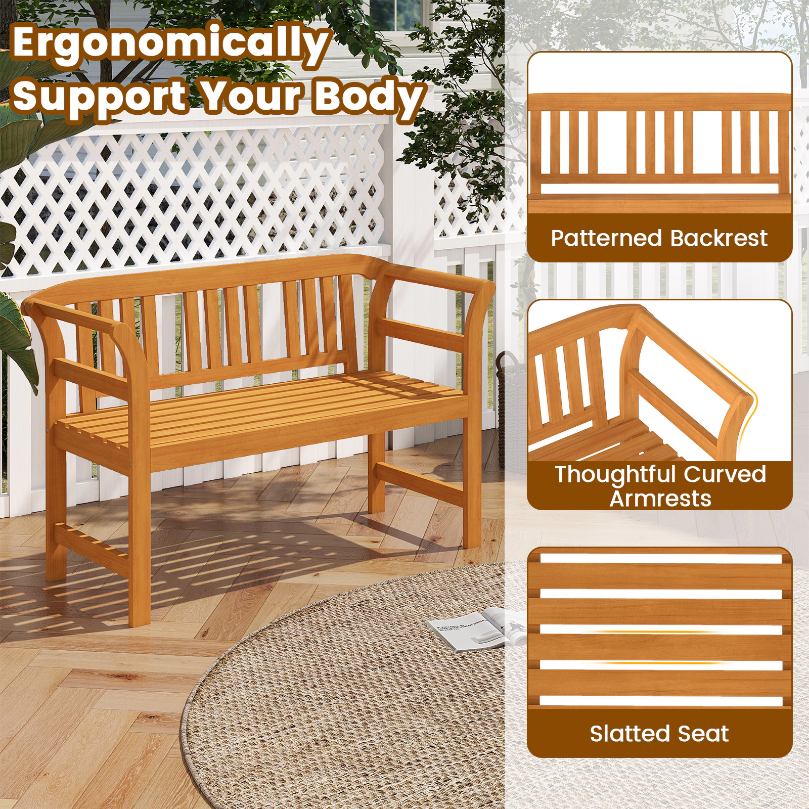 SUGIFT Acacia Wood 2-Person Patio Loveseat Natural with Backrest and Armrests