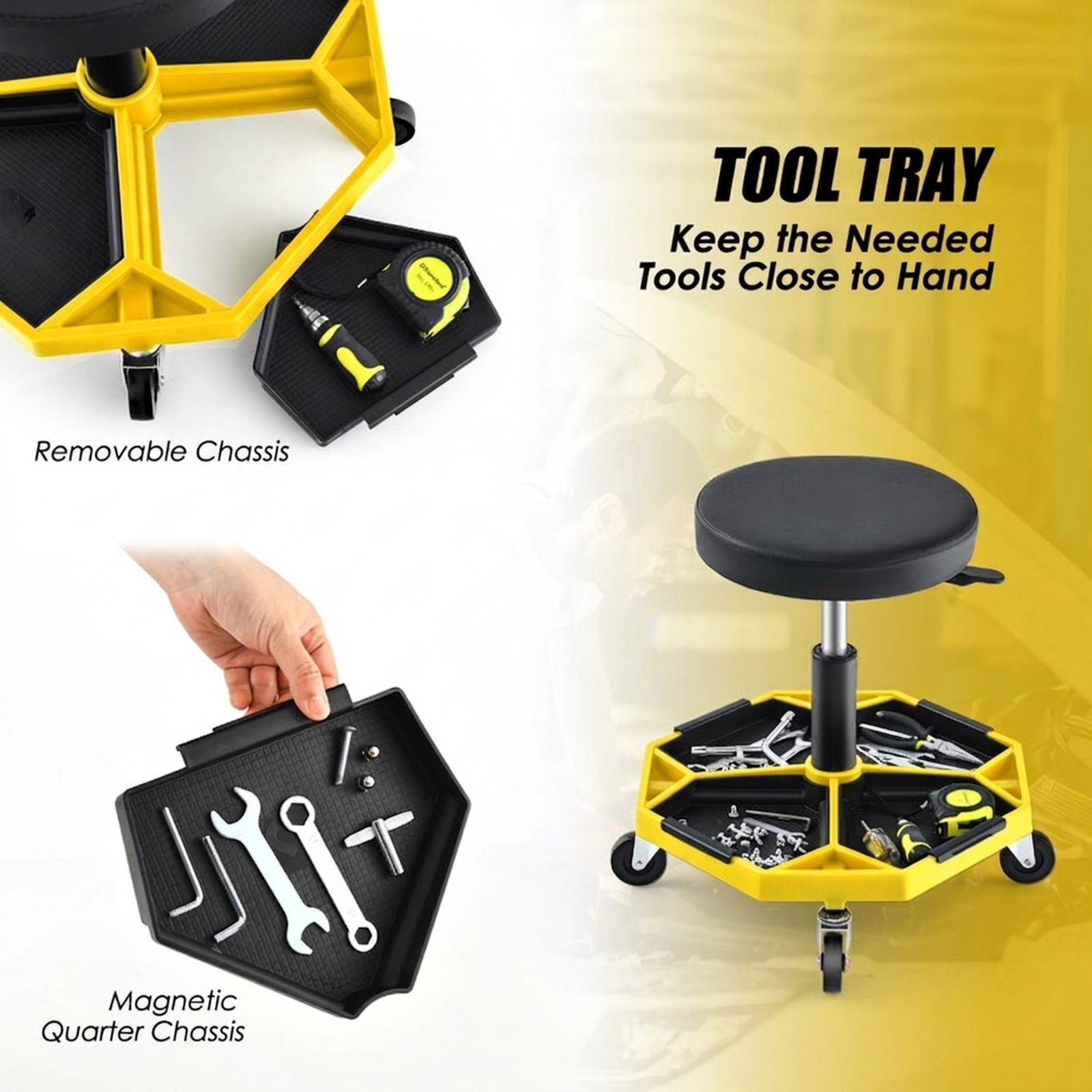 SUGIFT 4 Removable Chassis Magnetic Tool Tray Pneumatic Rolling Mechanic Stool 20-in x 20-in x 16-in 330-lb Yellow