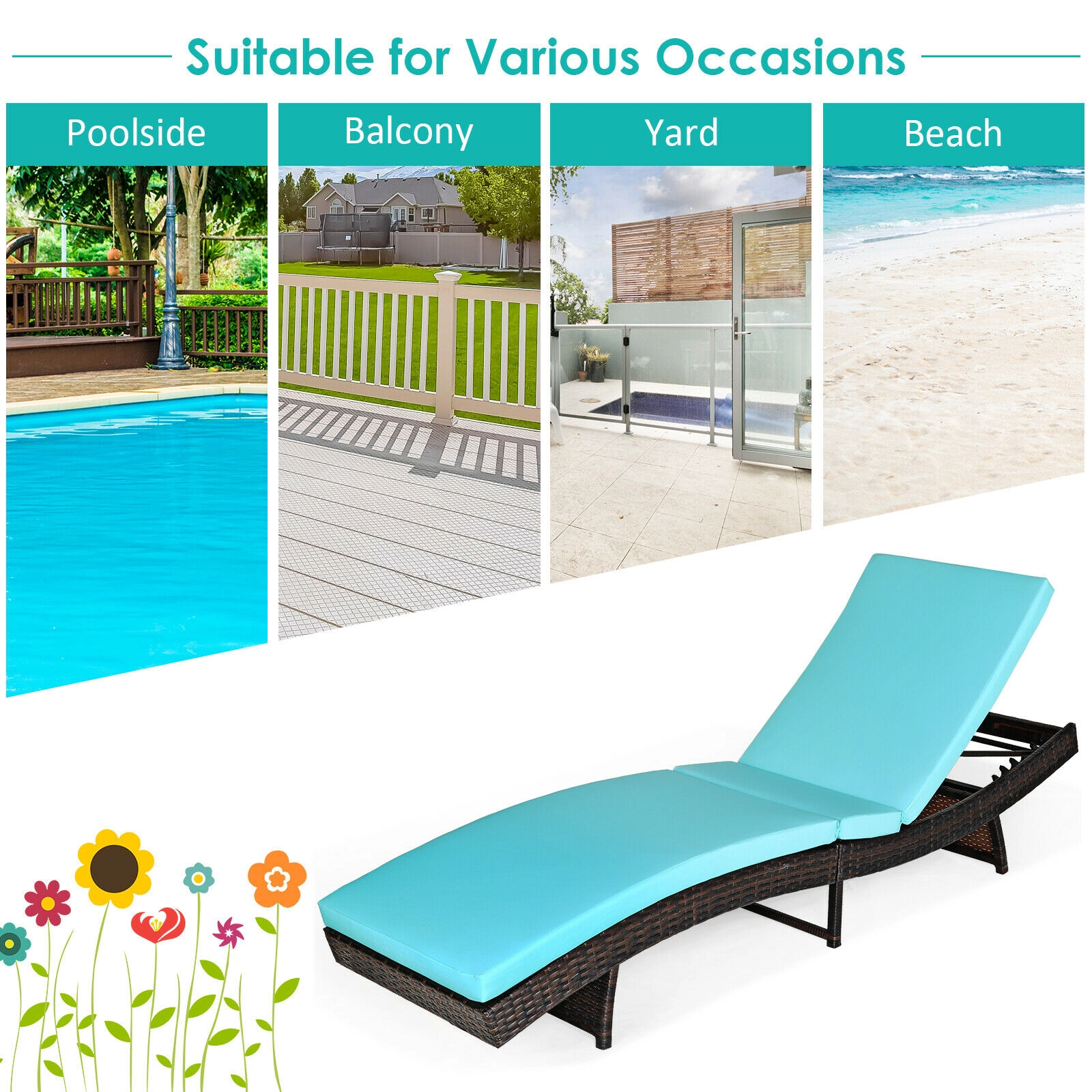 SUGIFT Folding Adjustable Chaise Lounge Chair with Cushion 400-Lb Capacity 5-Position Backrest White/Blue Turquoise