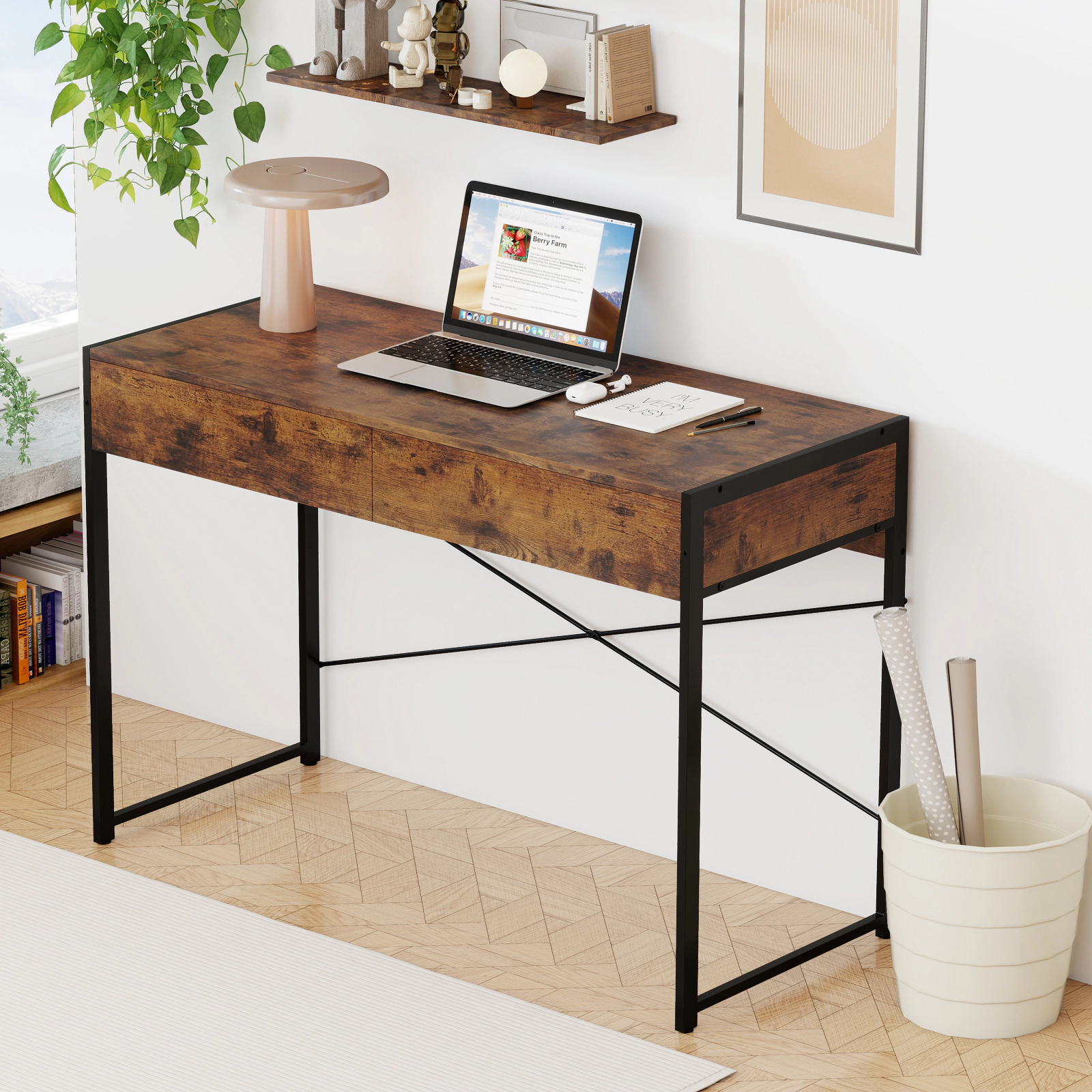 SUGIFT 2-Drawer Home Office Writing Desk Steel Frame 200-lb Tabletop Capacity 25-lb Drawer Capacity 44-in Wide Brown