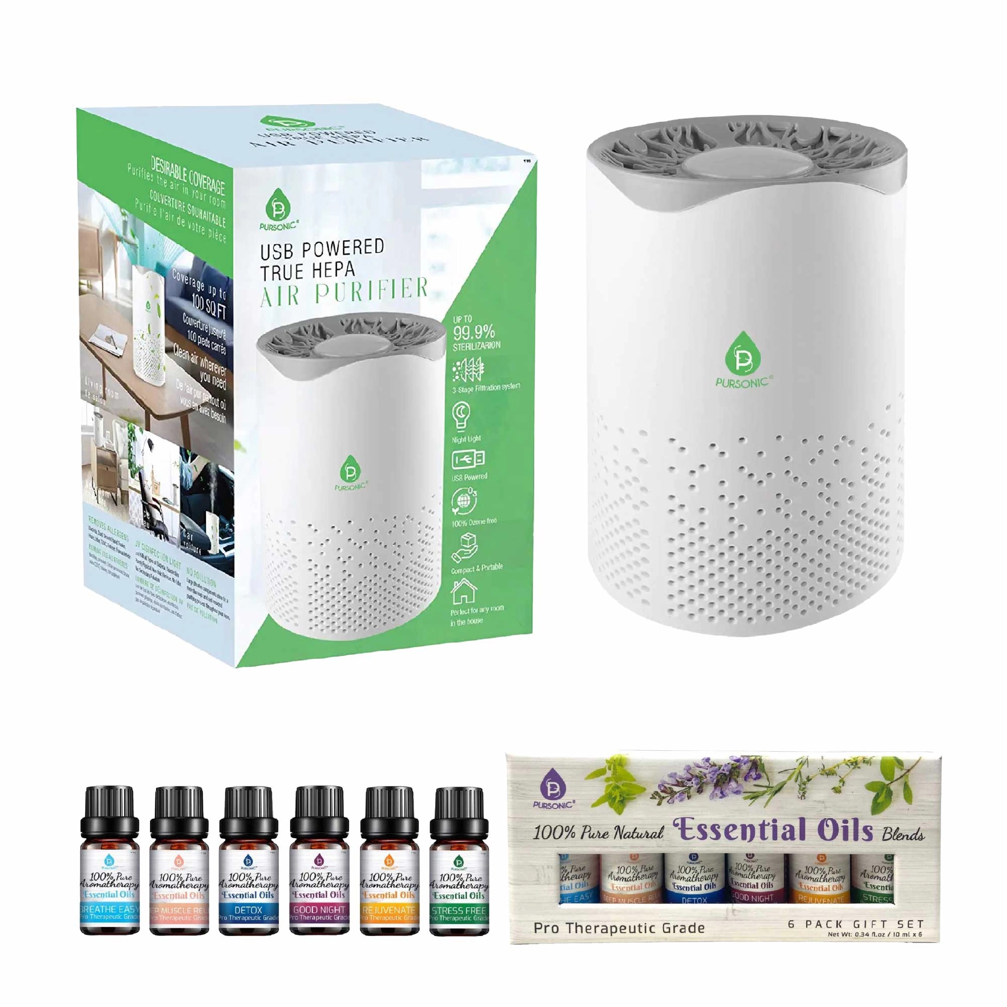 Pursonic Unisex Air Purifier with 6-Pack Premium Essential Oils Collection