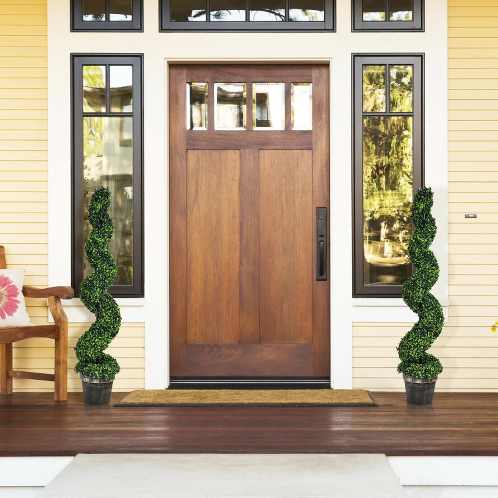 SUGIFT Set of 2 47-in UV Resistant Artificial Spiral Boxwood Topiary Trees with Cement-Filled Golden Pots