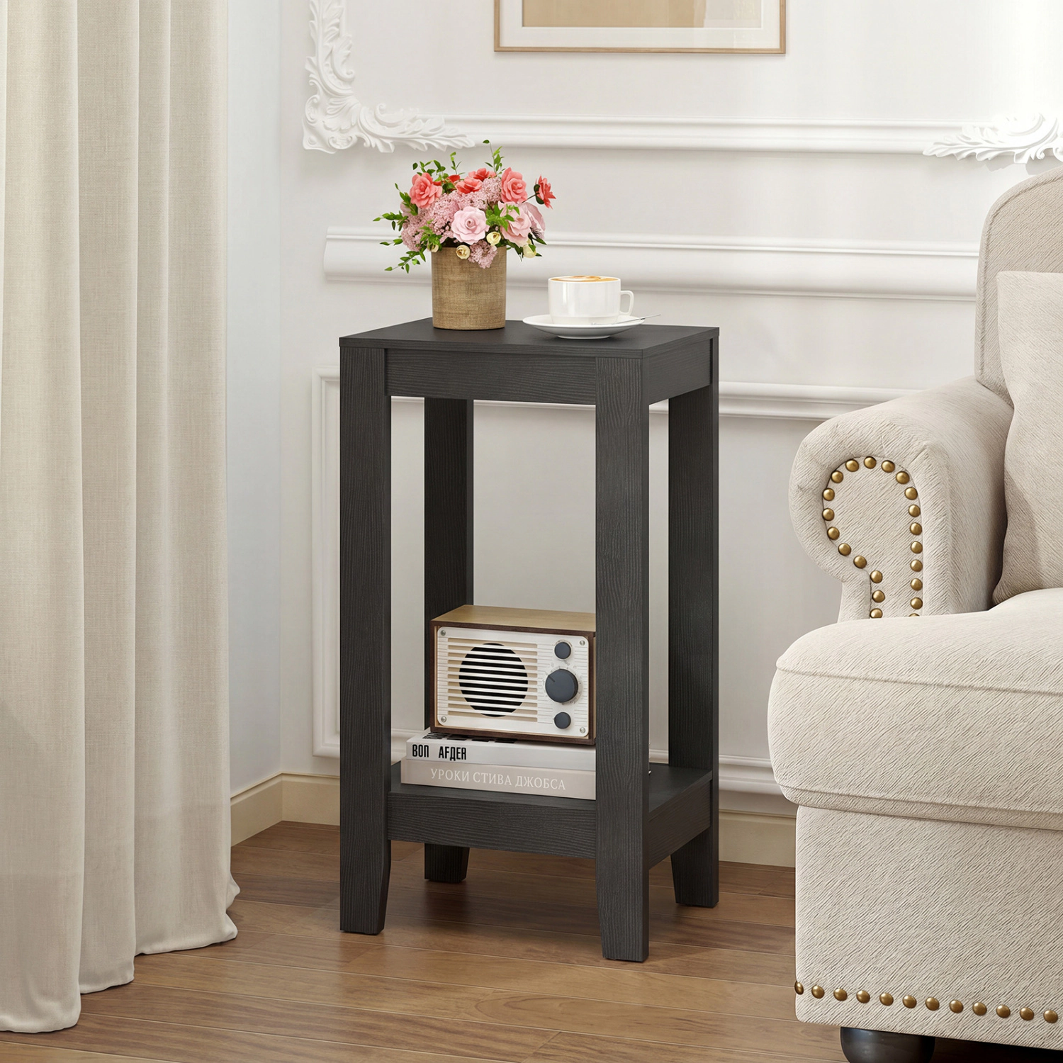 Glintex Tall 2-Tier Wood End Table with Open Storage Shelf and Solid Legs