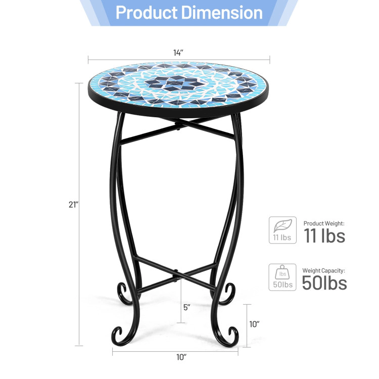 Hivvago 14 Inch Mosaic Round Side Table Plant Stand for Patio Lawn Garden