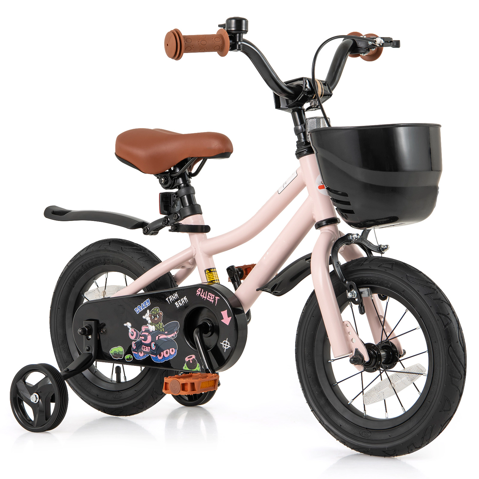 SUGIFT Pink Removable Training Wheels and Front Storage Basket Kids Bike