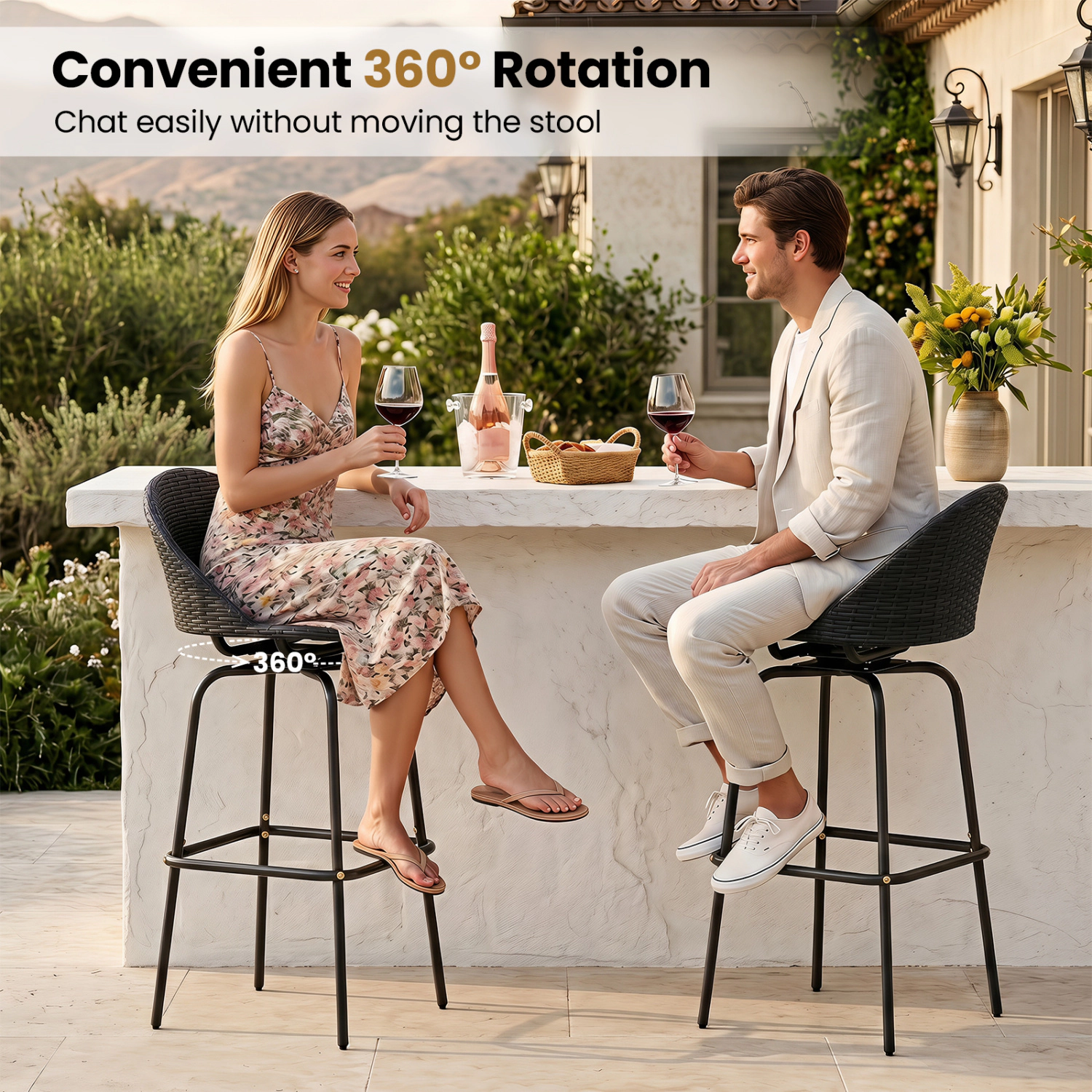 LJG Set of 2 Rattan Swivel Barstools with Curved Back