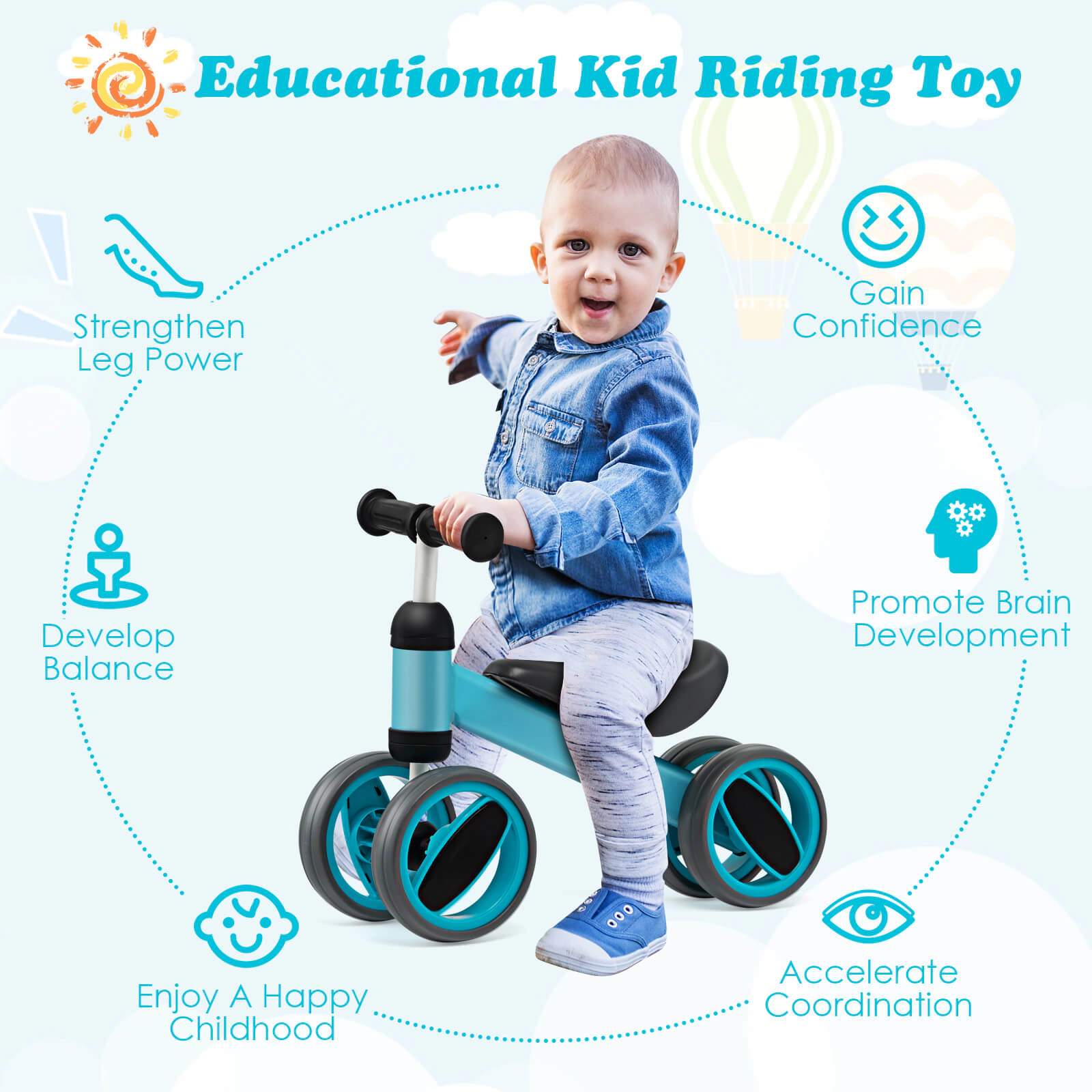 SUGIFT 4-Wheel Baby Balance Bike Toy with Steel Frame 44-lb Capacity Ages 1-2 Years 18.5-in Long 3.3-lb Net Weight Blue