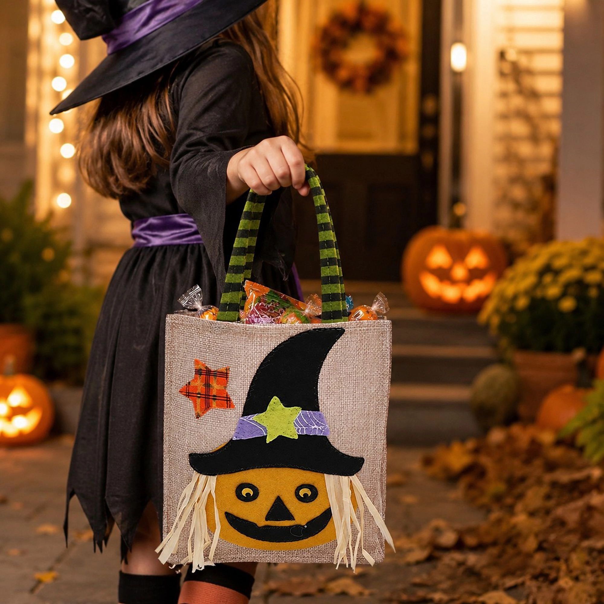 Alilang Halloween Burlap Character Applique Trick or Treat Tote Bag