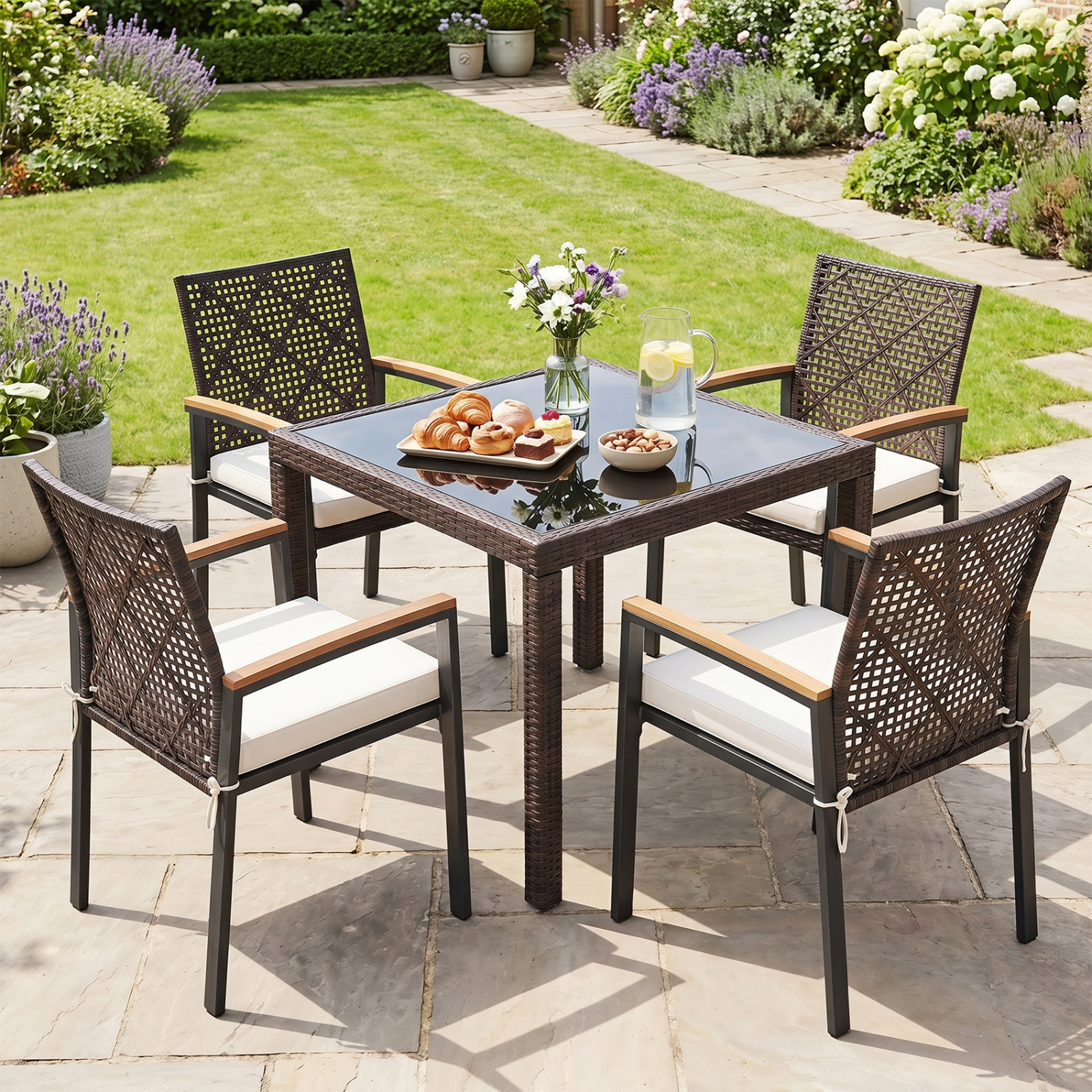 SUGIFT Set of 4 Hand-Woven PE Wicker Patio Dining Chairs with Acacia Wood Arms and Washable Cushions