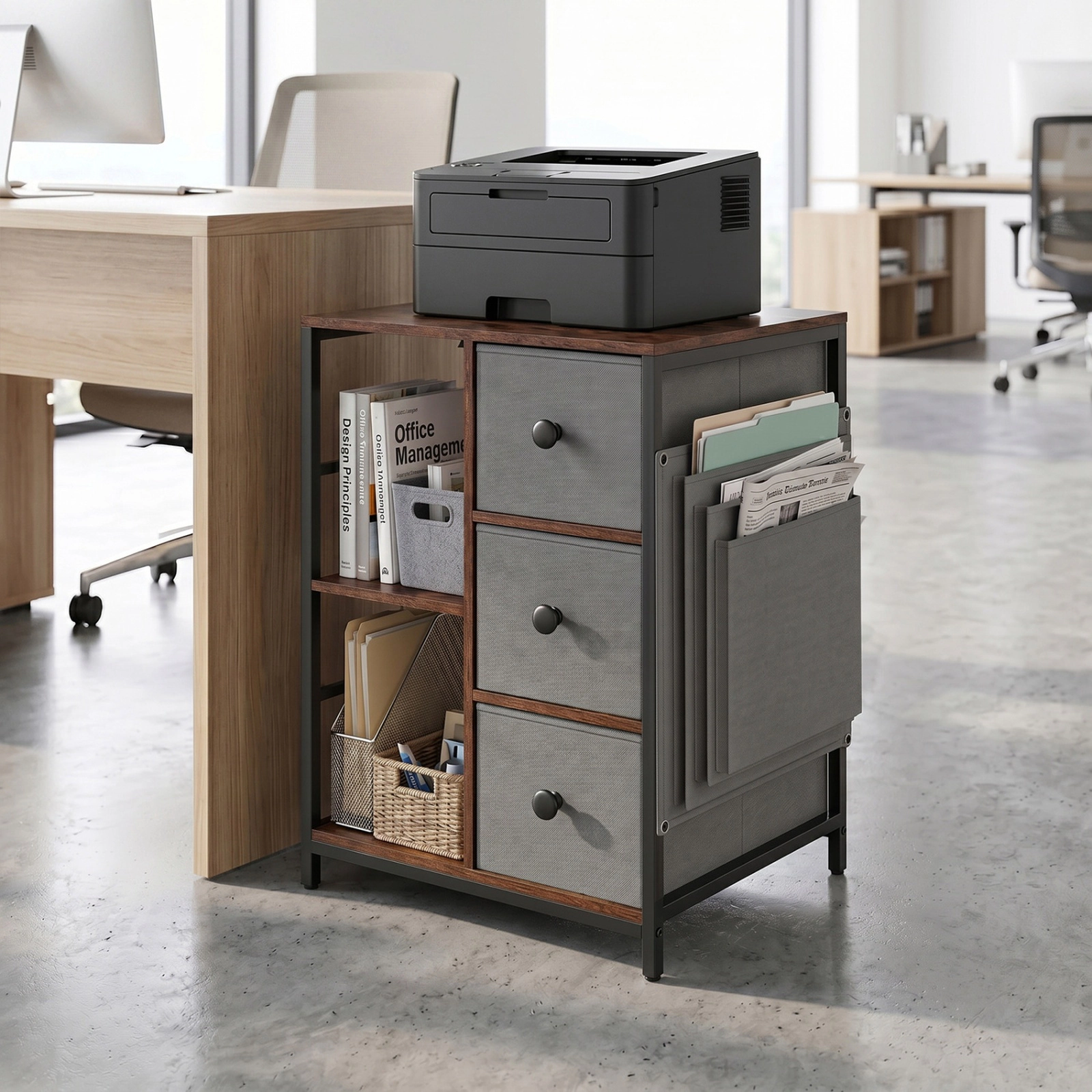 SUGIFT Industrial Nightstand Rustic Brown with Charging Station Fabric Drawers and Side Pockets