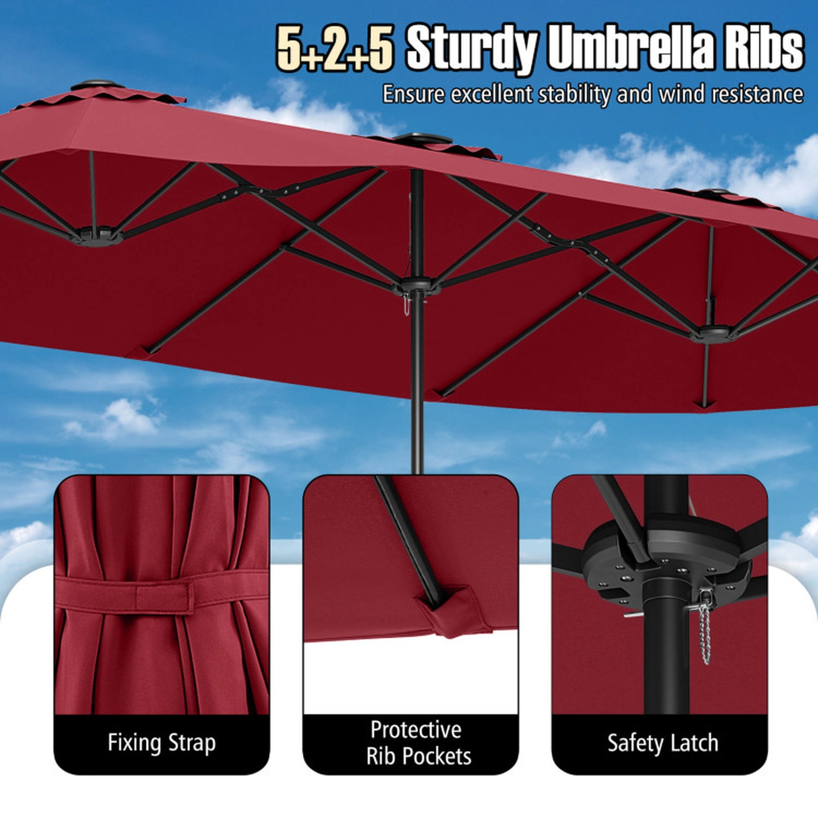 SUGIFT 15.5-ft Extra-Large Double-Sided Patio Umbrella with LED Solar Lights Crank Handle 30-lb Net Weight 1-Pc Red