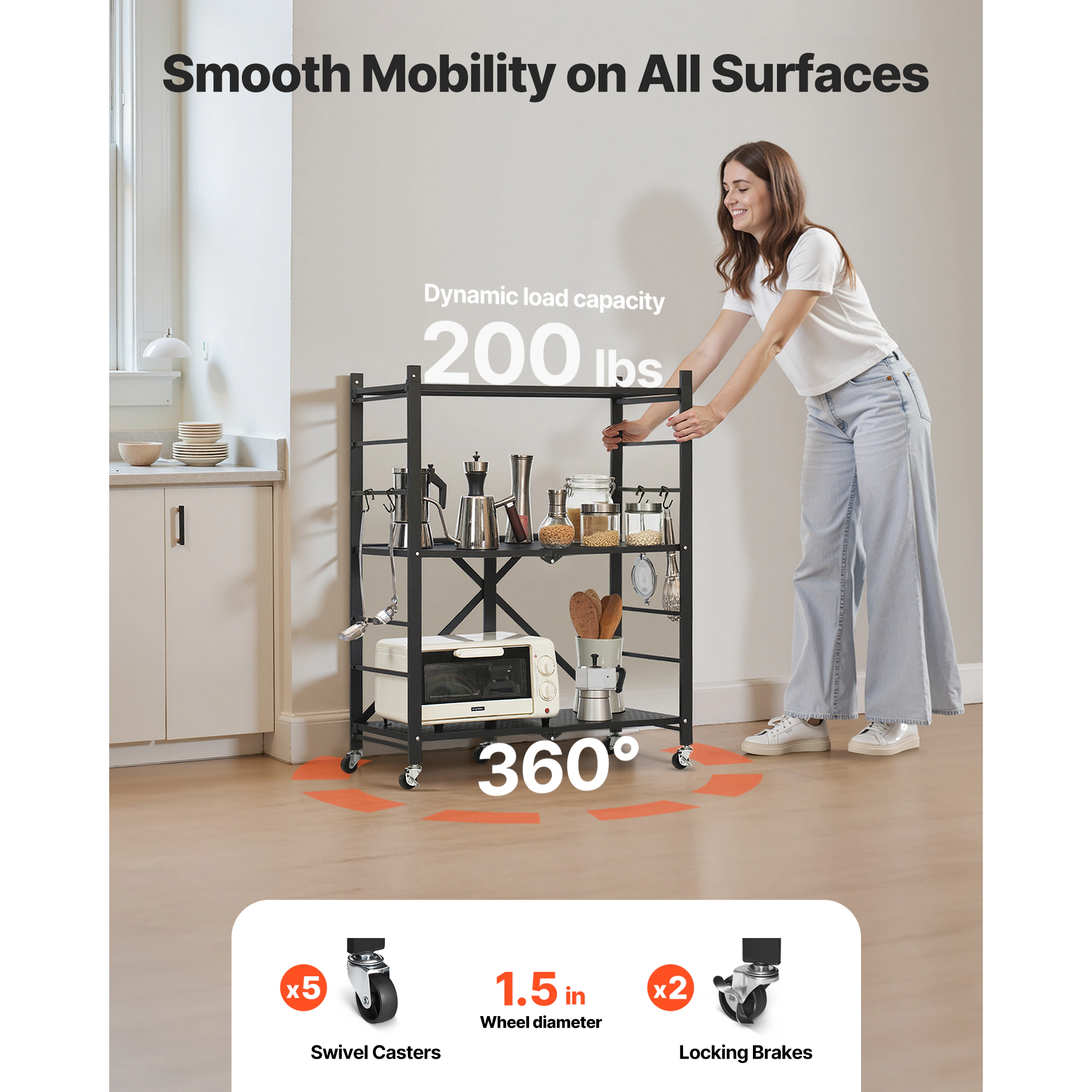 HONGGE Foldable Storage Shelf Folding Metal Rack Shelving Unit No Assembly Organizer Shelf with 5 Wheels & 4 Hooks for