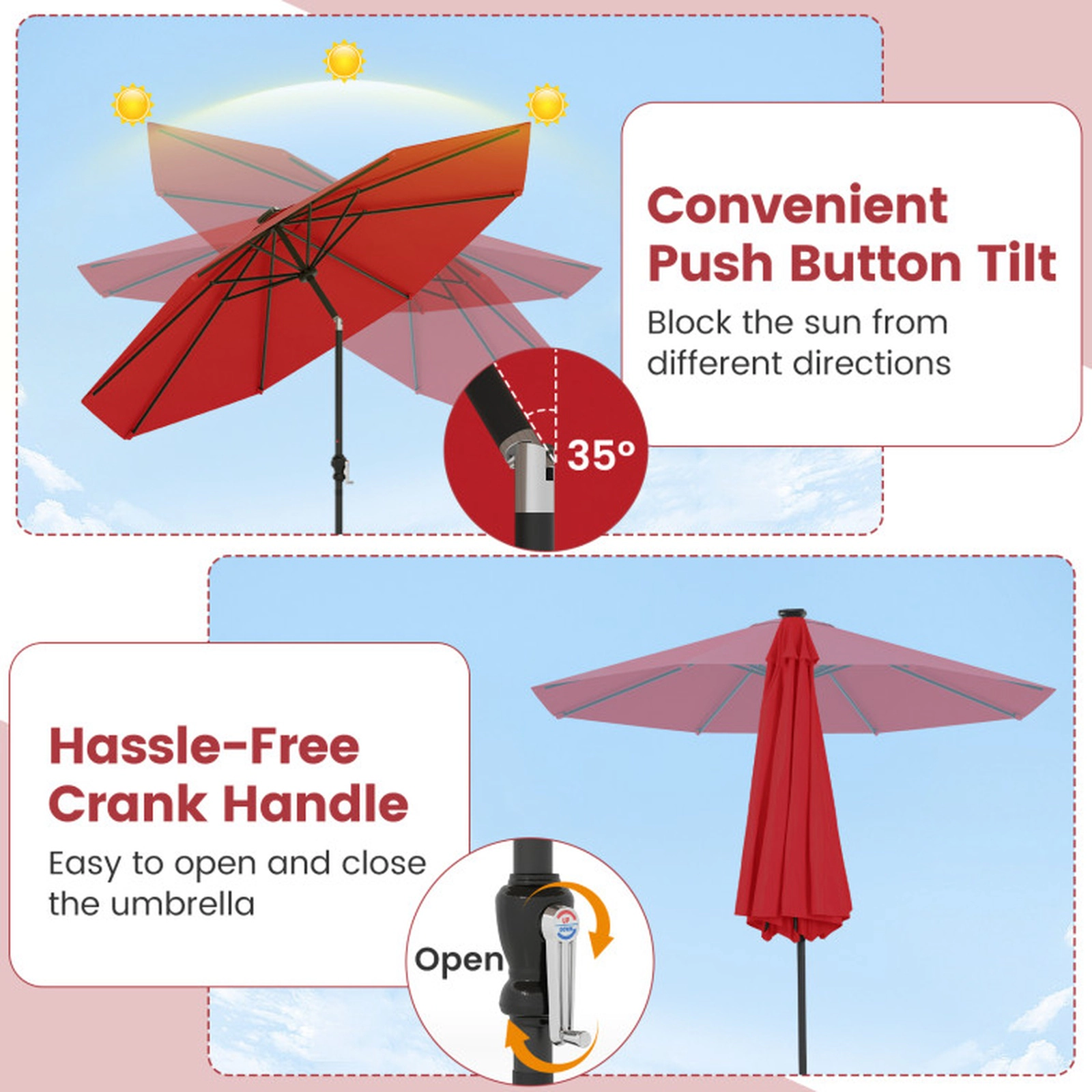 SUGIFT 10-Ft Red Solar Patio Umbrella, 96 LED Lights, 9 Color Modes, Crank Lift