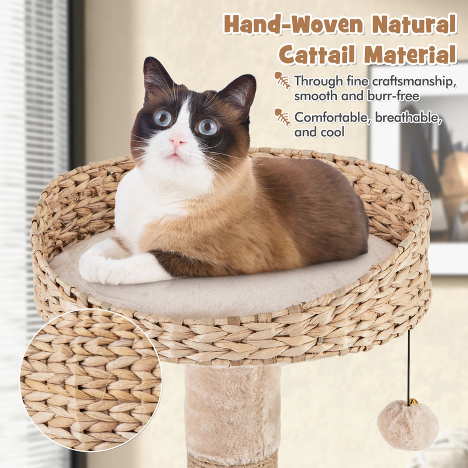 SUGIFT Multi-Level Cat Tree with Top Perch Condo Hammock and Scratching Posts 22-lb Capacity Beige Natural