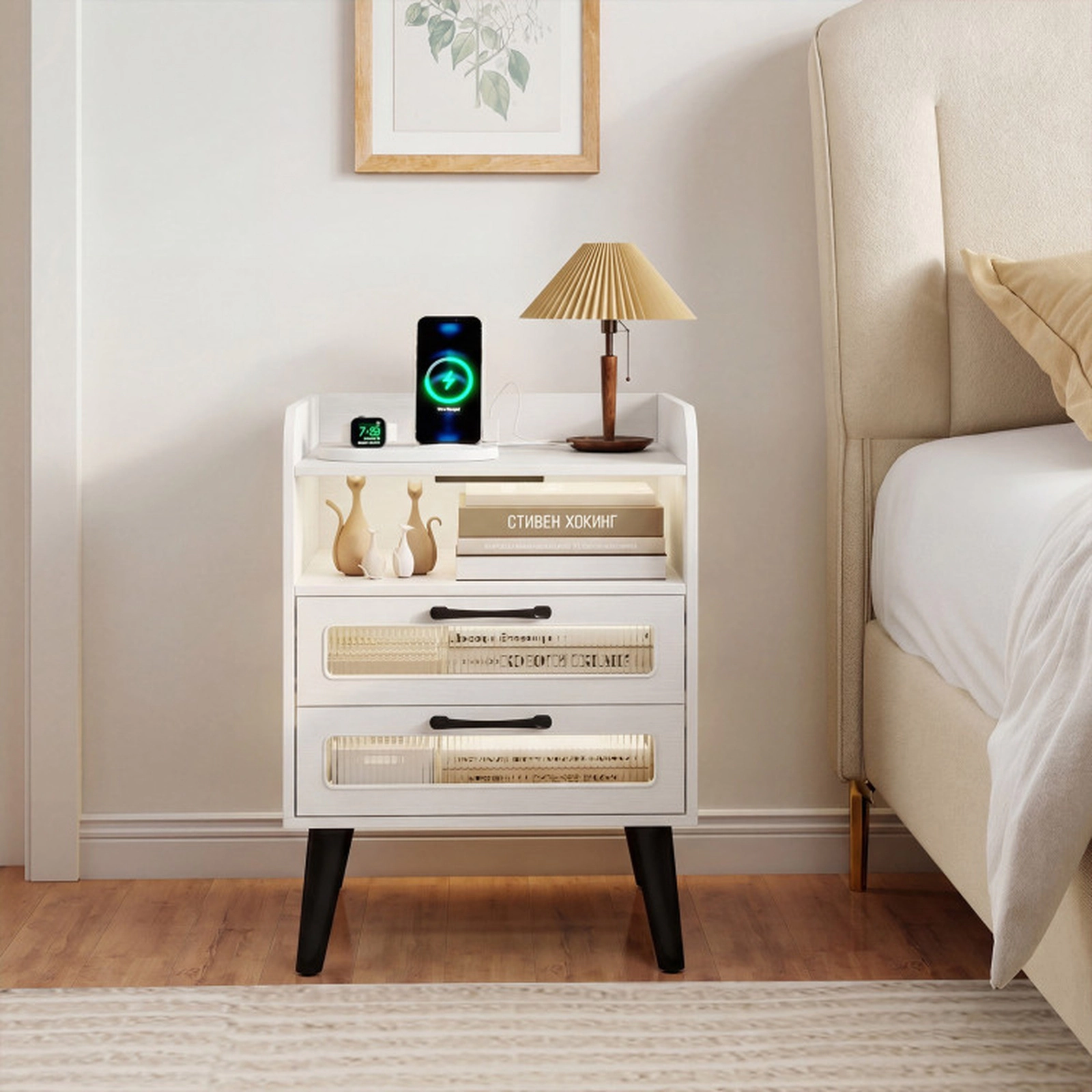 SUGIFT Mid Century Modern Nightstand Charging Station & LED Lights 90-lb Tabletop Capacity 17.5-in Wide White/Natural