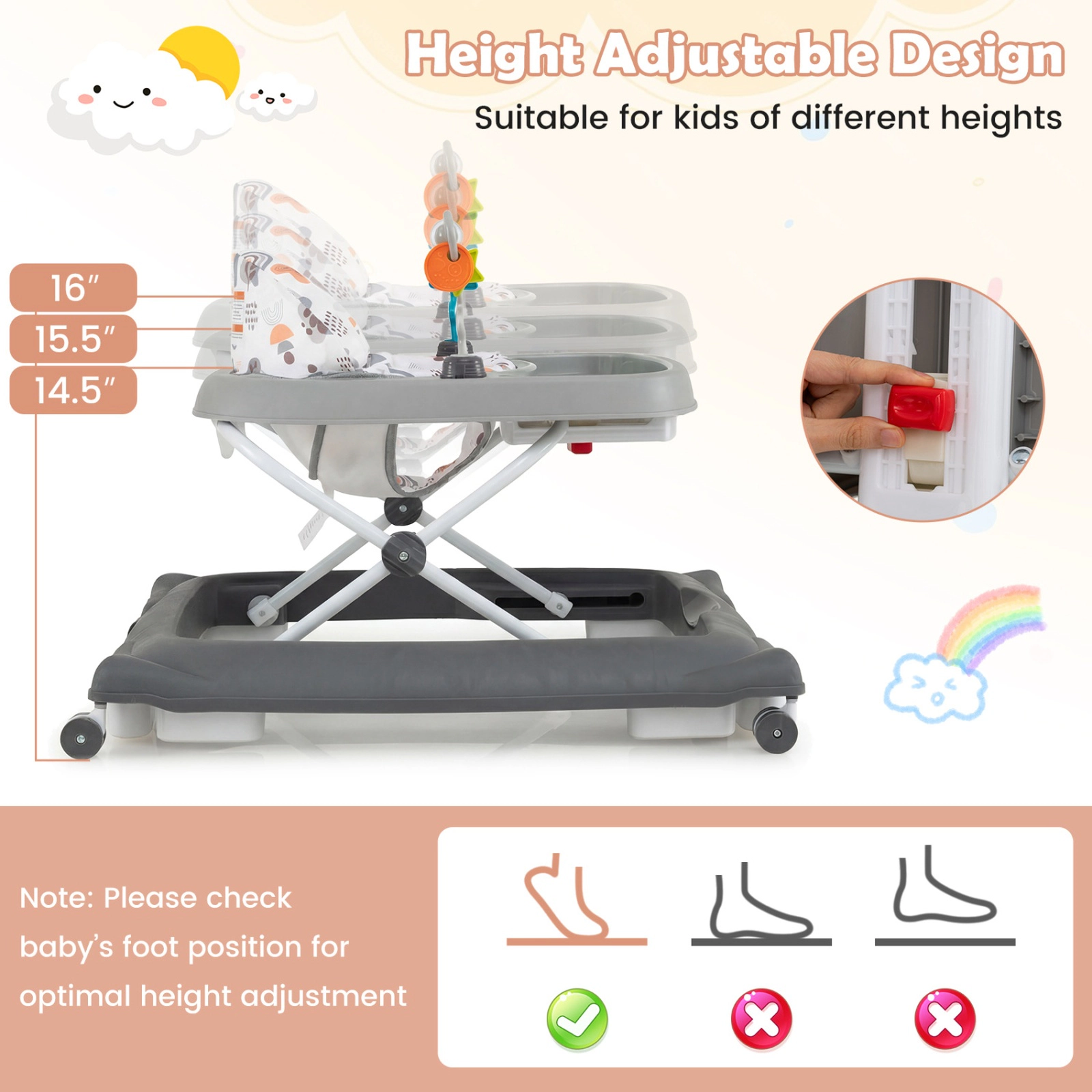 SUGIFT Foldable Baby Walker Gray with Removable Feeding Tray and Shape Sorter Toys