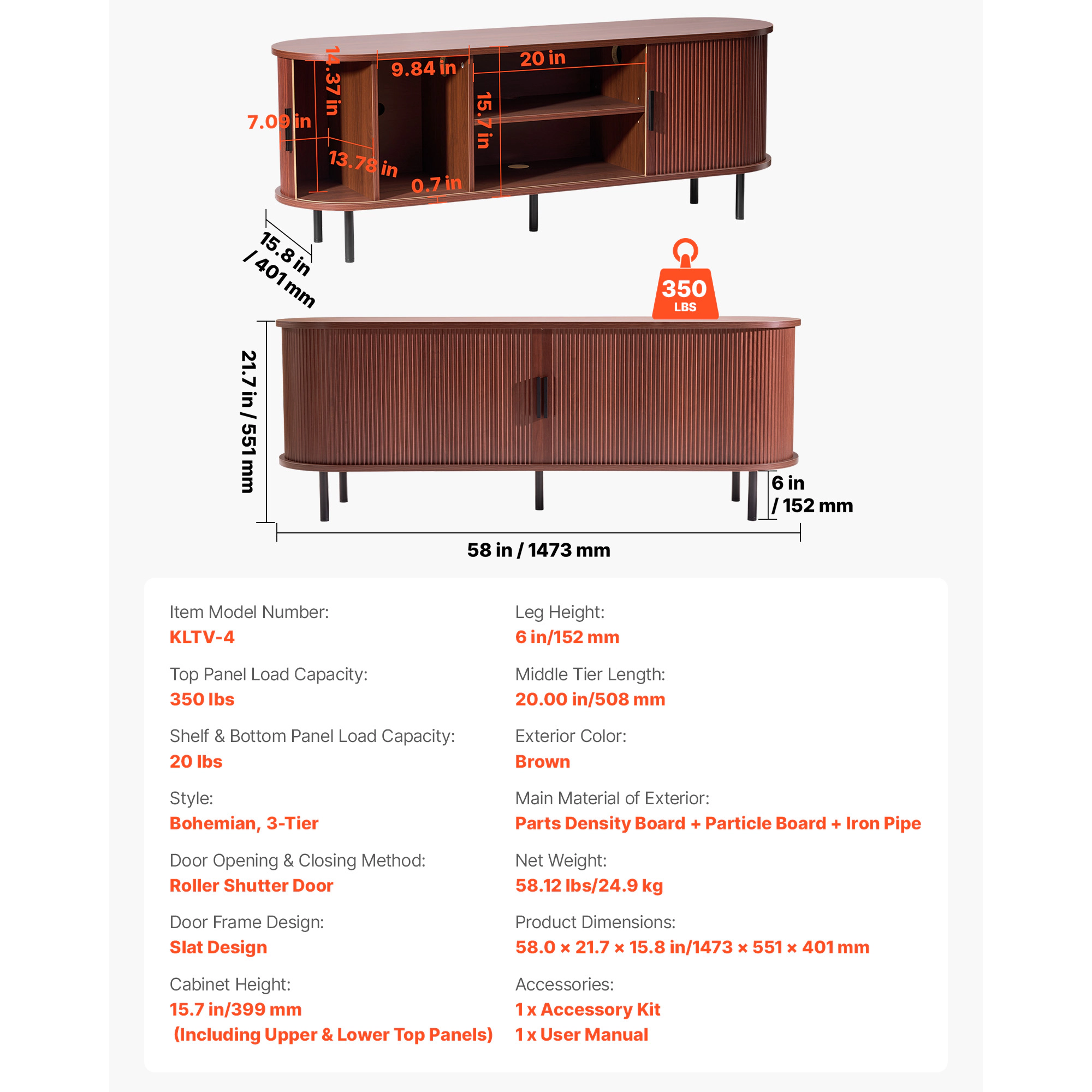 HONGGE Boho Entertainment Center for TVs up to 58 in, 350 lbs Load, with Adjustable Storage Shelves and Rolling Door