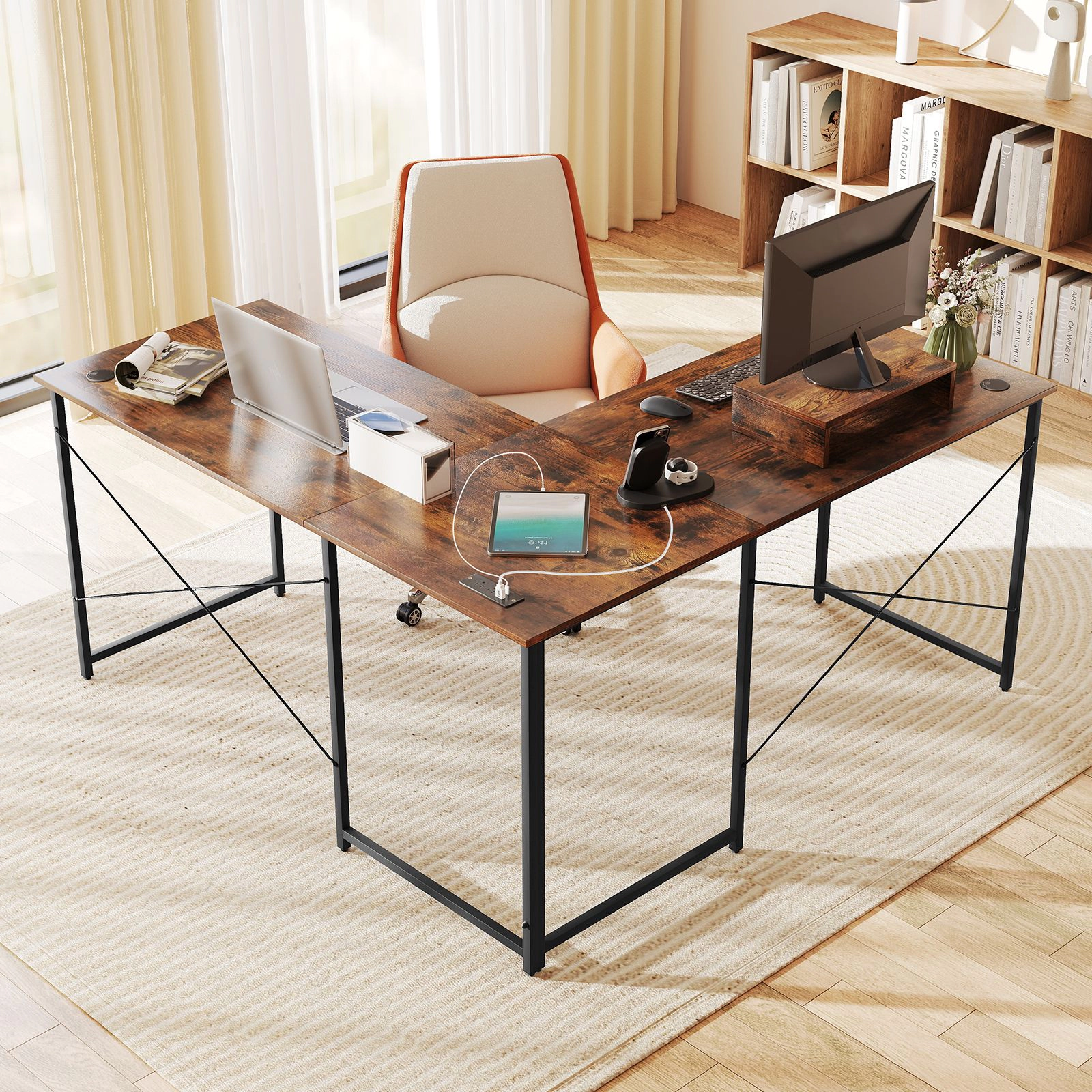 SlickBlue Reversible L-Shaped Computer Desk with Monitor Shelf