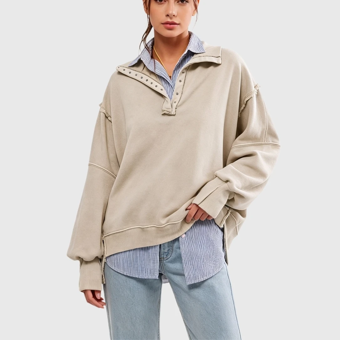 YesFashion Women's Oversized Henley Sweatshirts Casual Loose Button Up Side Split Pullover Tops