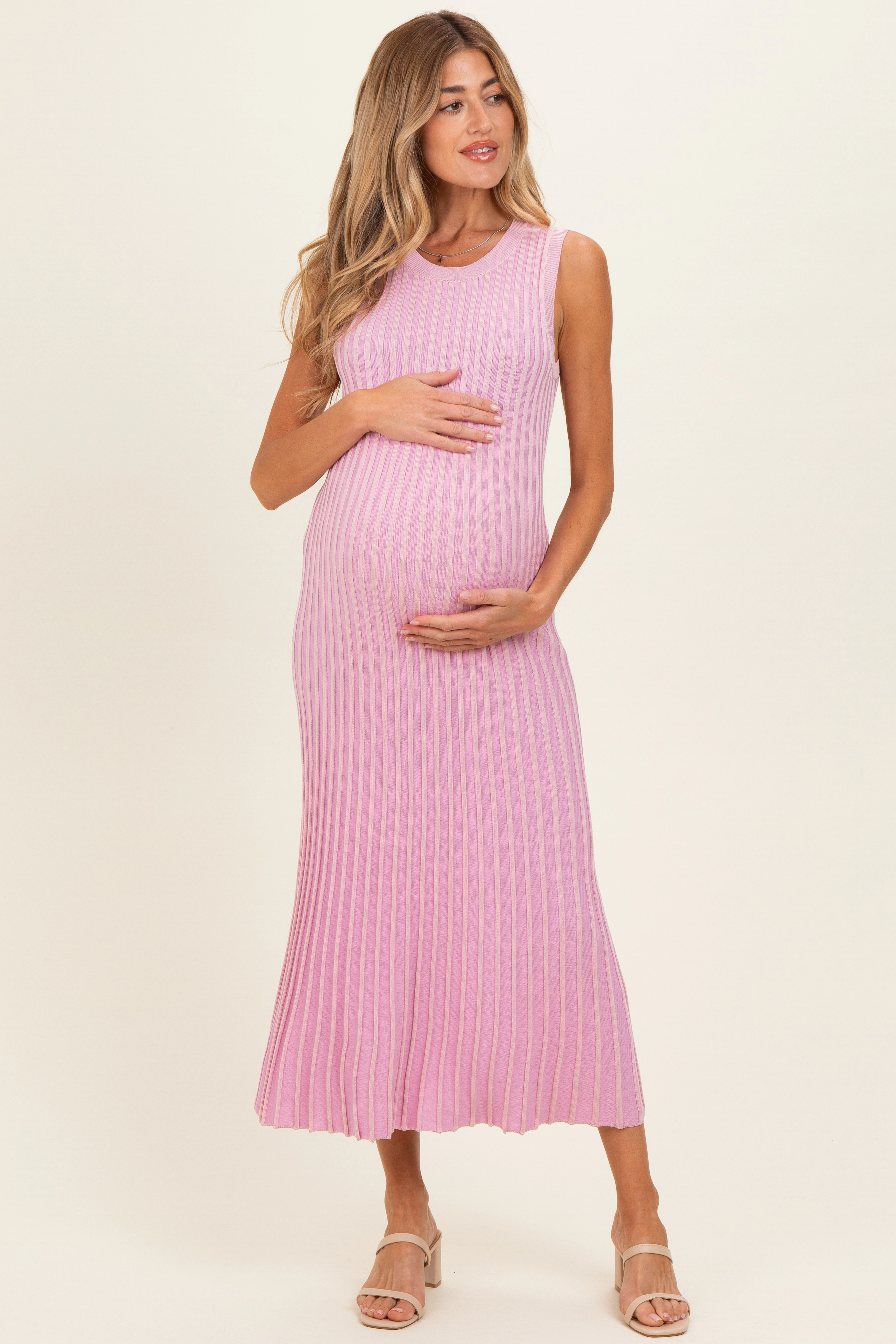 PinkBlush Womens Pink Ribbed Knit Sleeveless Maternity Maxi Dress