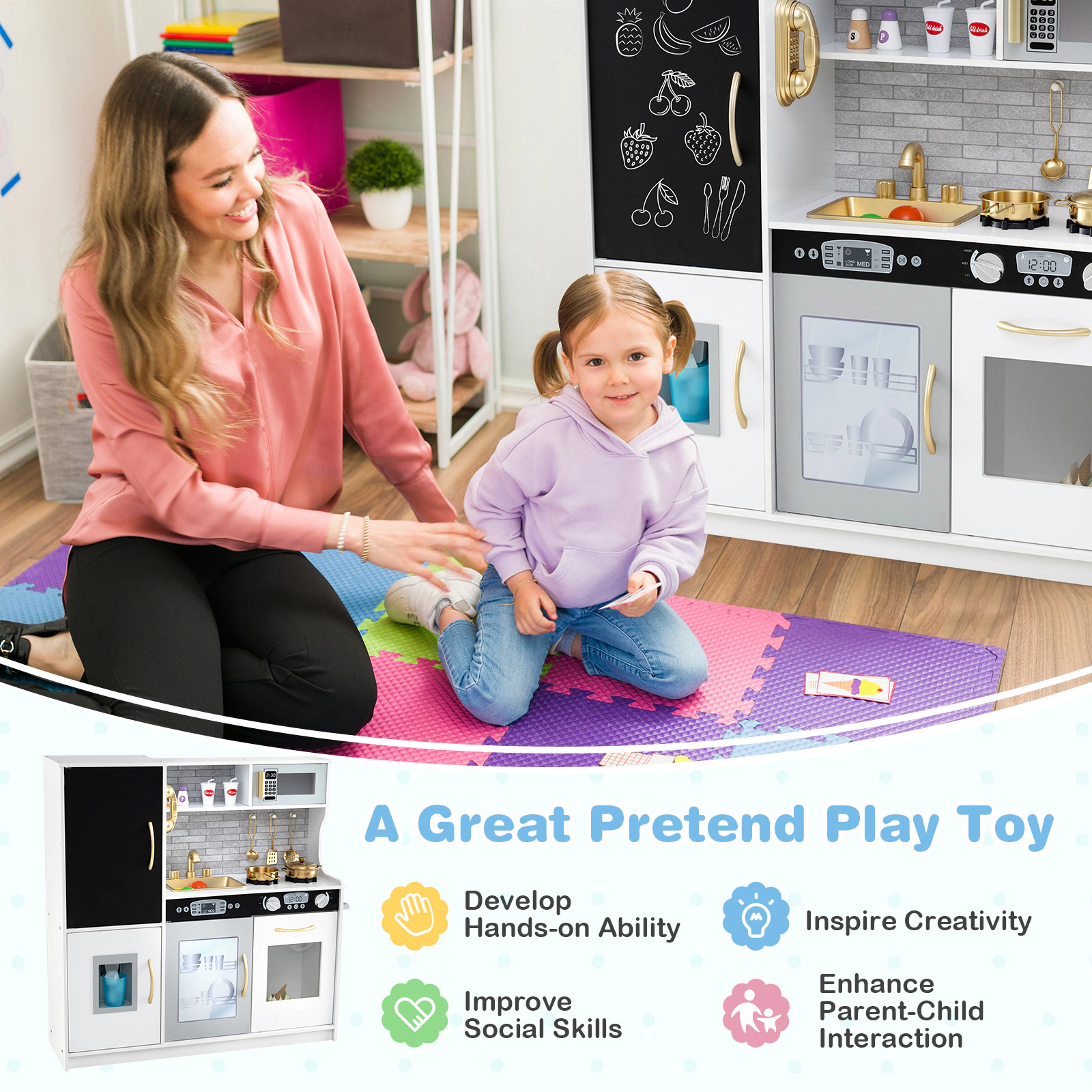 Toddler Pretend Play Kitchen Ages 3-6 Removable Sink Ice Maker Dishwasher 16-in Blackboard 32-in x 9.5-in x 31.5-in