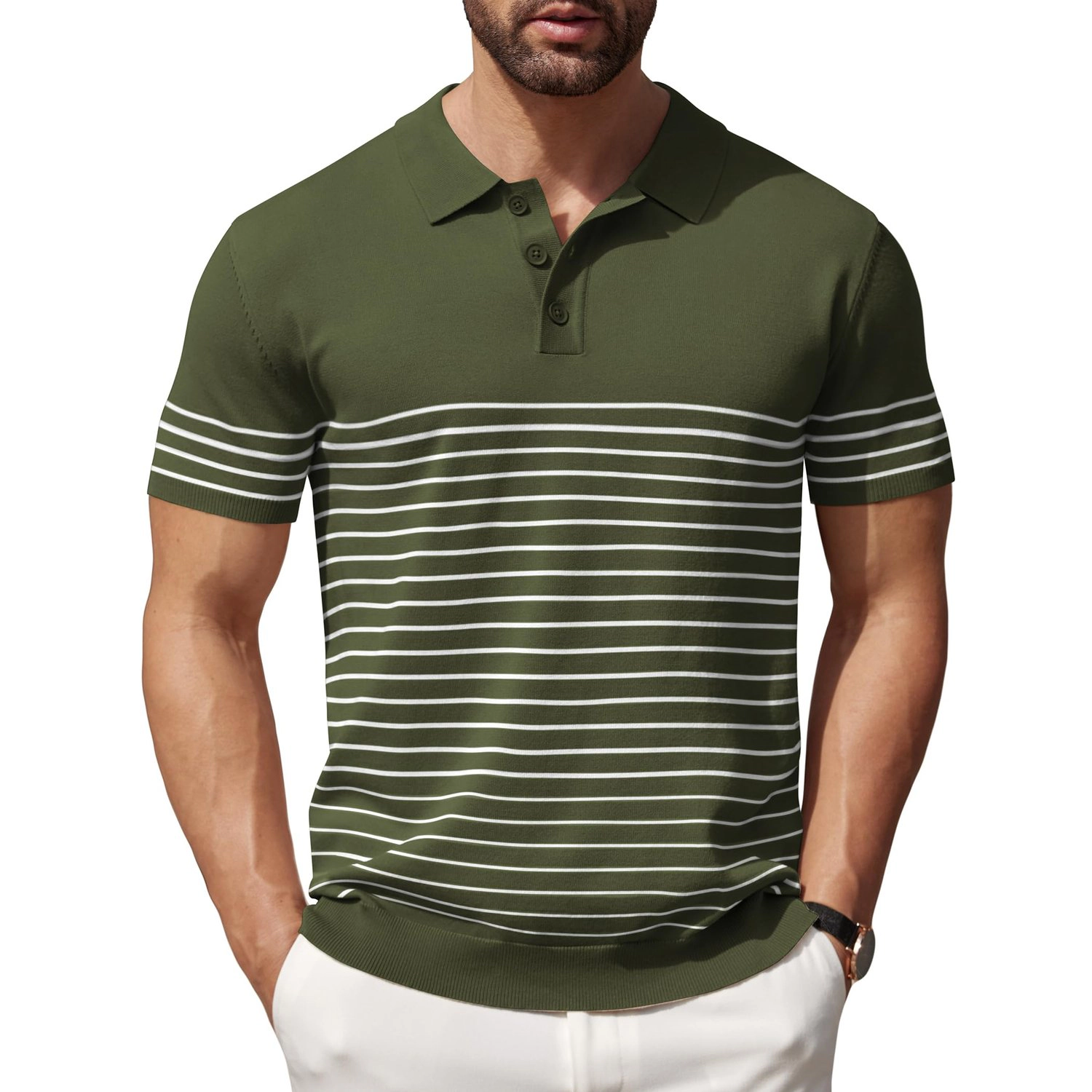 COOFANDY Mens Striped Polo Shirt Short Sleeve Button Placket Collared  Tops