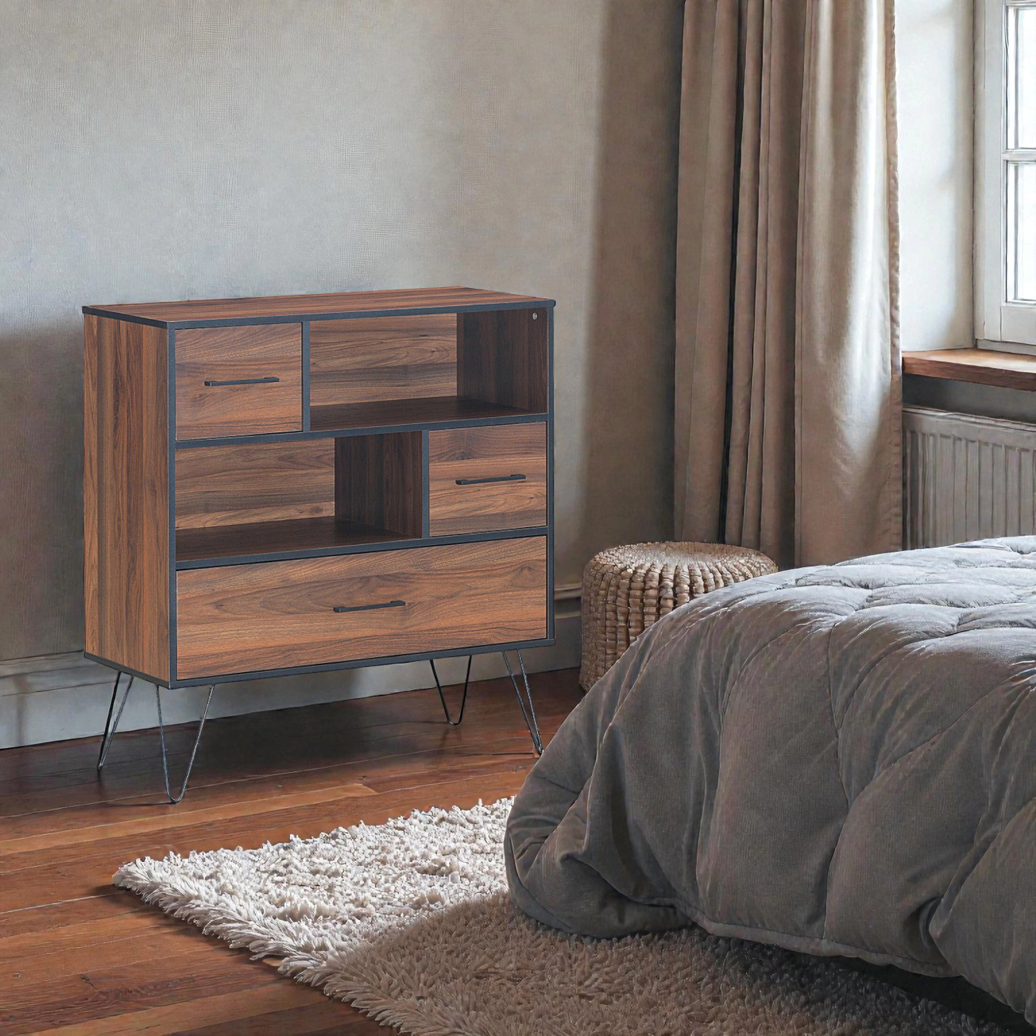 Hivvago 3-Level Wooden Storage Chest with Drawers and Metal Leg Base