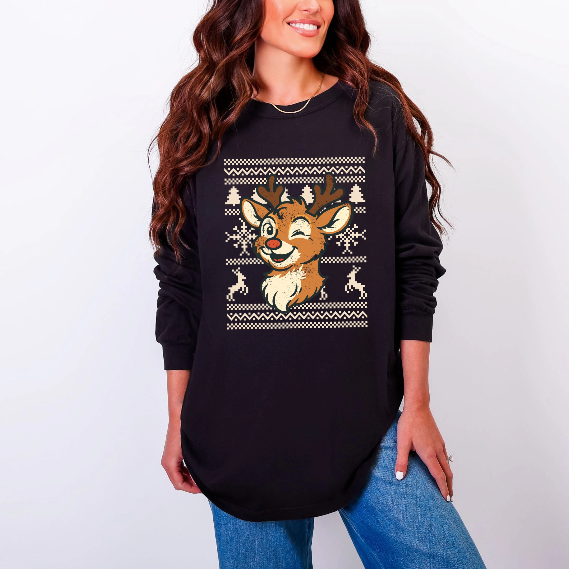 Simply Sage Market - Women's Garment Dyed Long Sleeve Graphic T-Shirt Ugly Sweater Reindeer