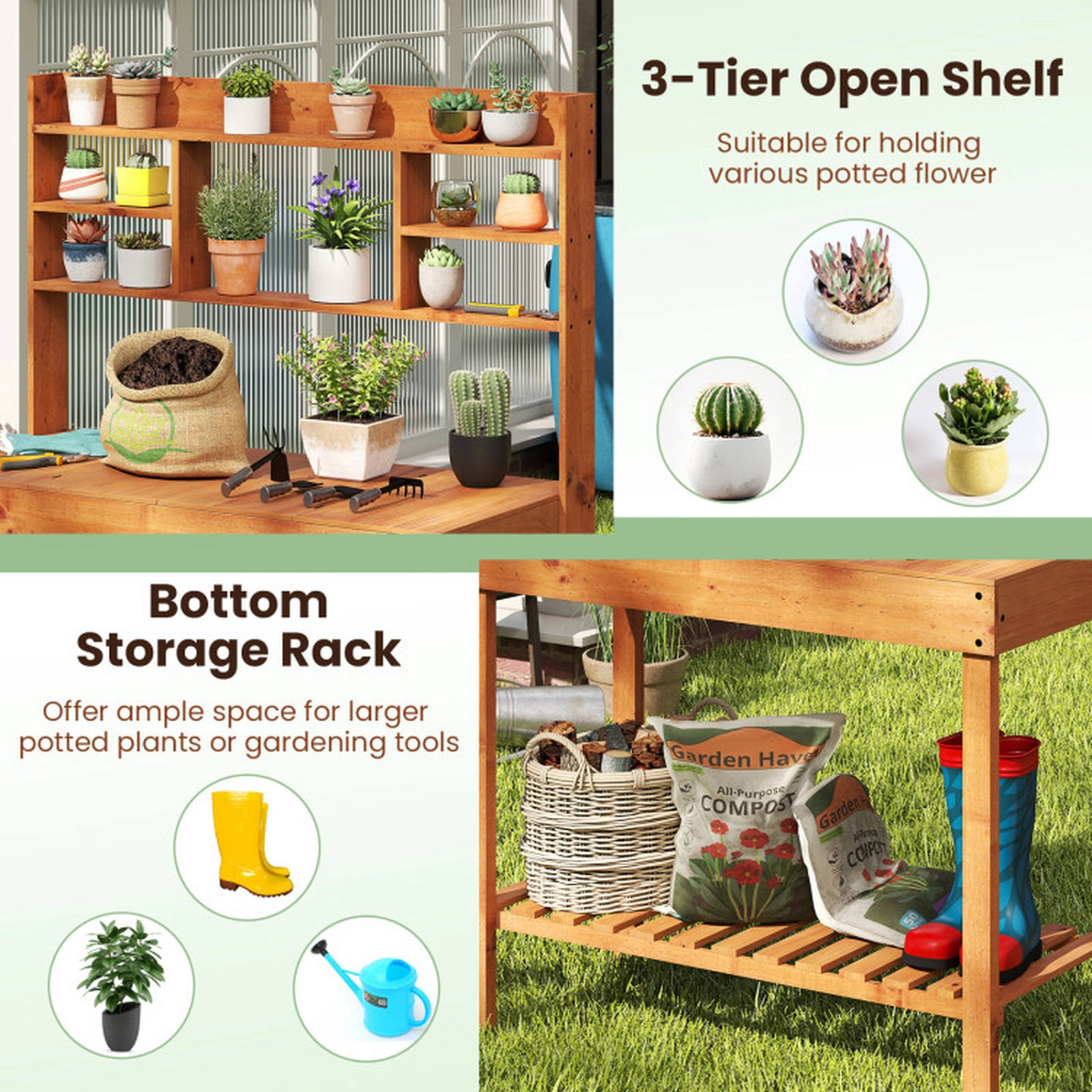 SUGIFT Brown Fir Wood Potting Bench, 3-Tier Shelves, Flip-Up Tabletop and Hidden Storage