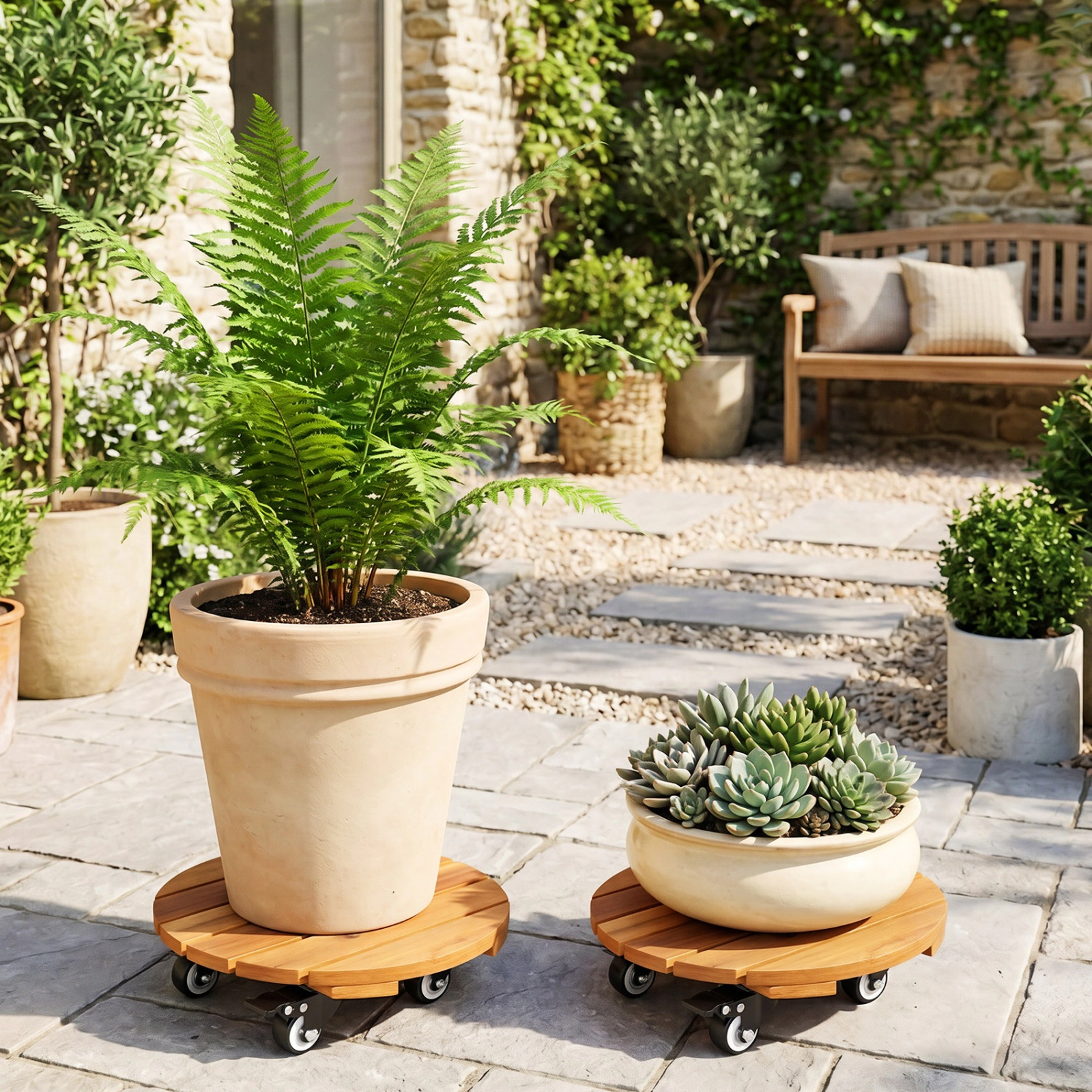 SUGIFT Set of 4 Natural 12-in 175-lb Acacia Wood Rolling Plant Caddy Dolly with Lockable Casters
