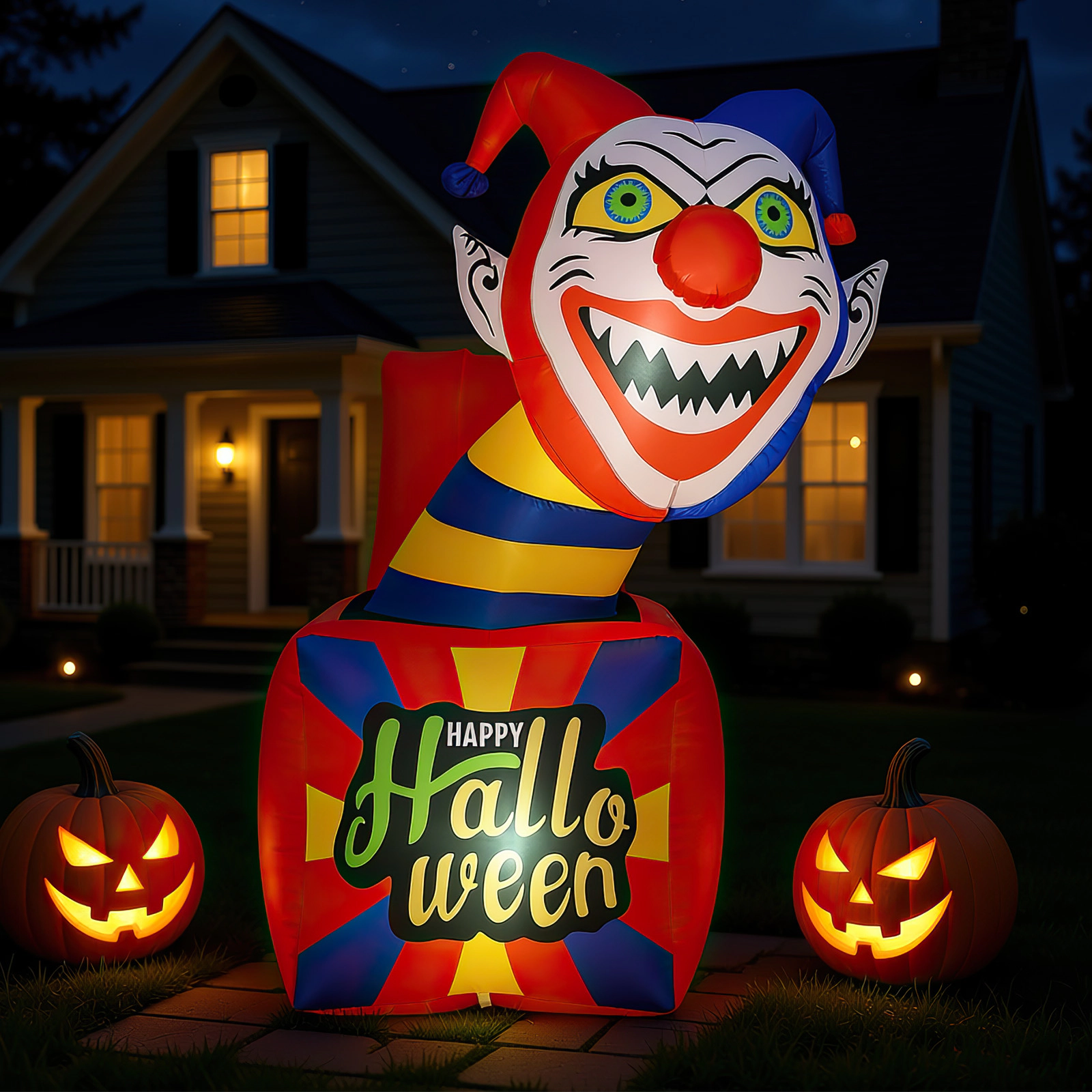 Glintex Inflatable Halloween Clown Jack-in-a-Box with LED Lights and Stakes, Multicolor