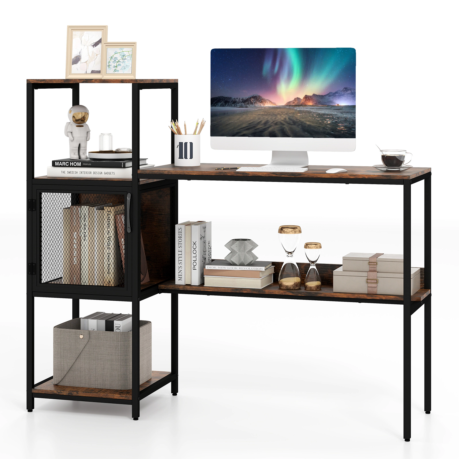 SUGIFT 51 in Computer Desk Rustic Brown with Integrated Bookshelf and Under-Desk Shelf