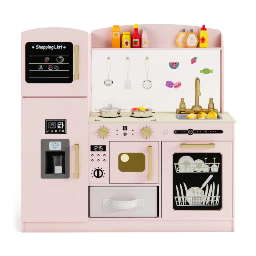 Hivvago Wooden Kids Kitchen Playset with Chalkboard Ice Maker Sink Lighted Microwave