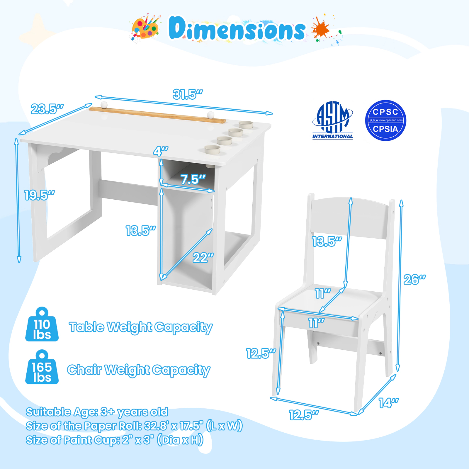 SUGIFT Kids Art Table and Chair Set with Storage Shelf and Paper Roll 110-lb Table 165-lb Chair White