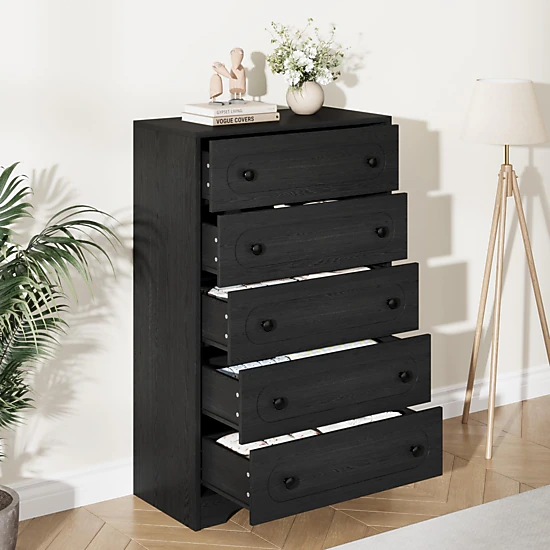 BebreezChic Mid-Century 5-Drawer Dresser, Tall Wide Chest, Deep Drawers, Metal Knobs, Wooden Frame, Black
