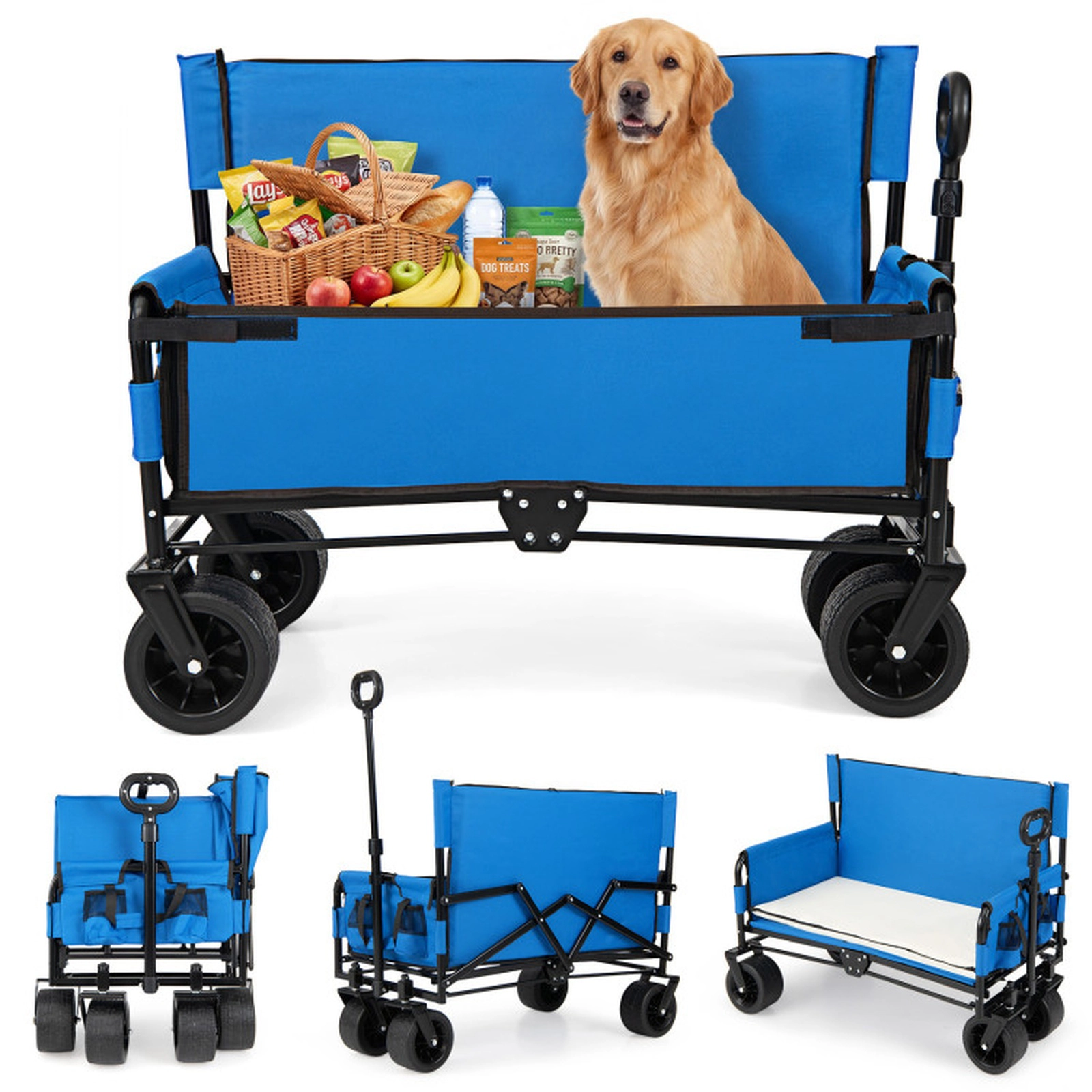 SUGIFT Blue 2-in-1 Collapsible Beach Wagon with Bench Seat and Rotating Handle 38-in W 176-lb Load Capacity